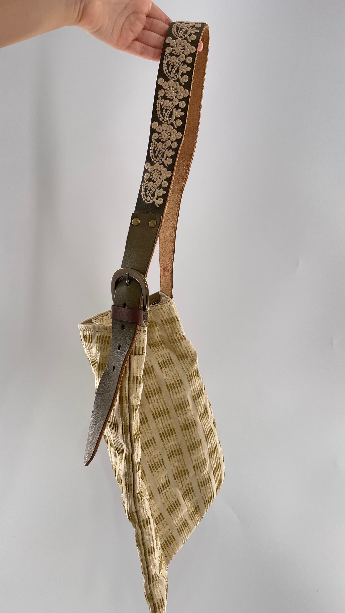 Tote with Embroidered Gold Exterior, Embroidered Leather Strap and Leather Interior - Shown Reversed