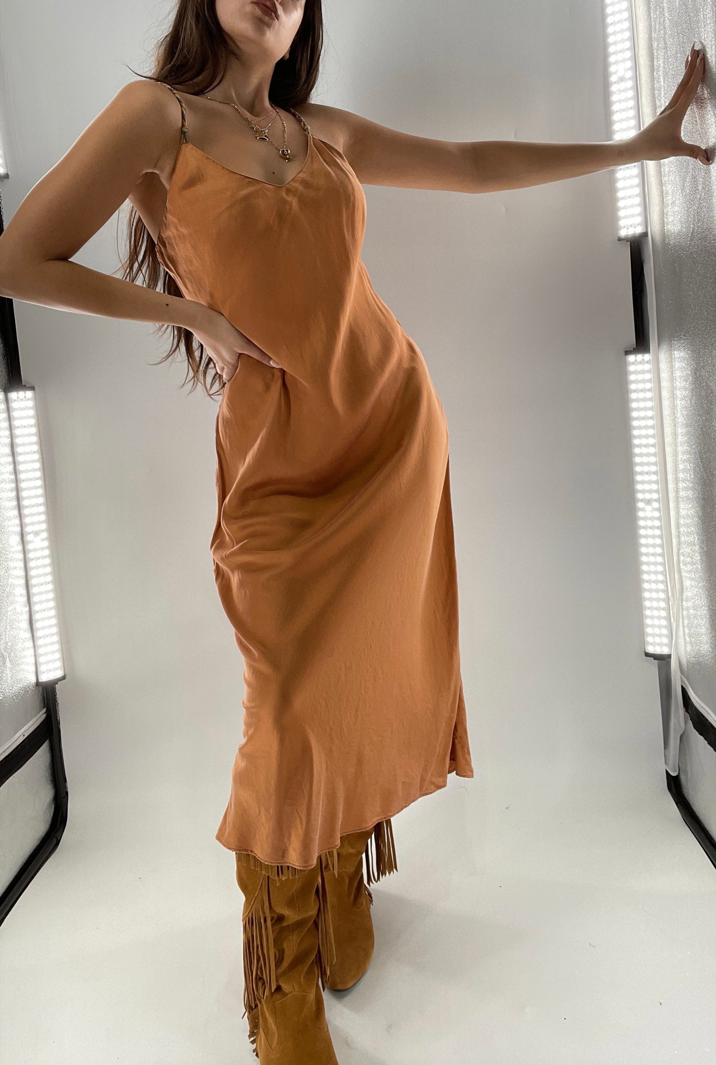DIANE GILMAN 100% Silk Terracotta Clay Toned Tan Dress (Medium)