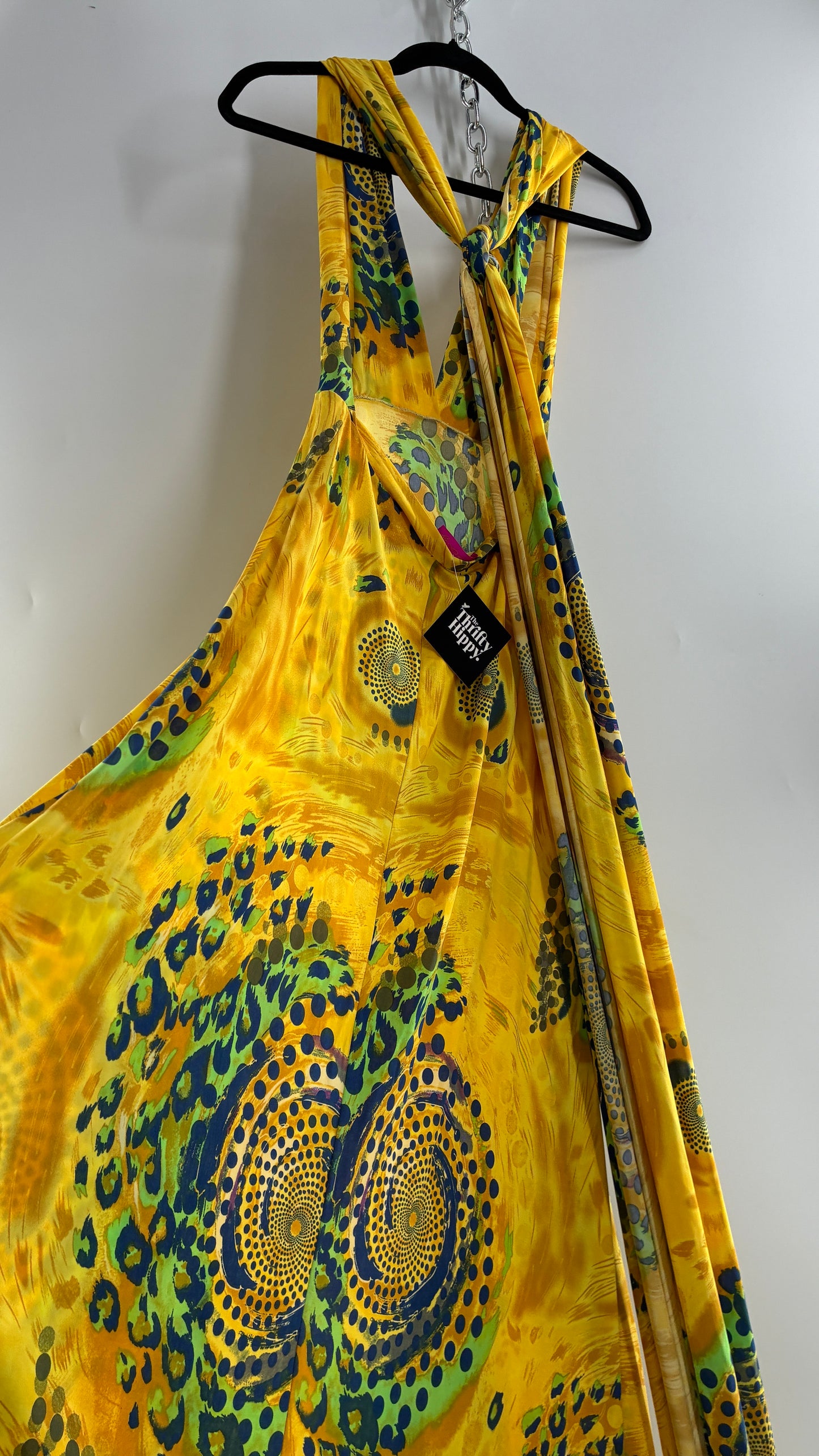 Vintage NARCISA LANG Lycra Full Length, Backless Yellow Dress with Graphic Pattern (XS/S)