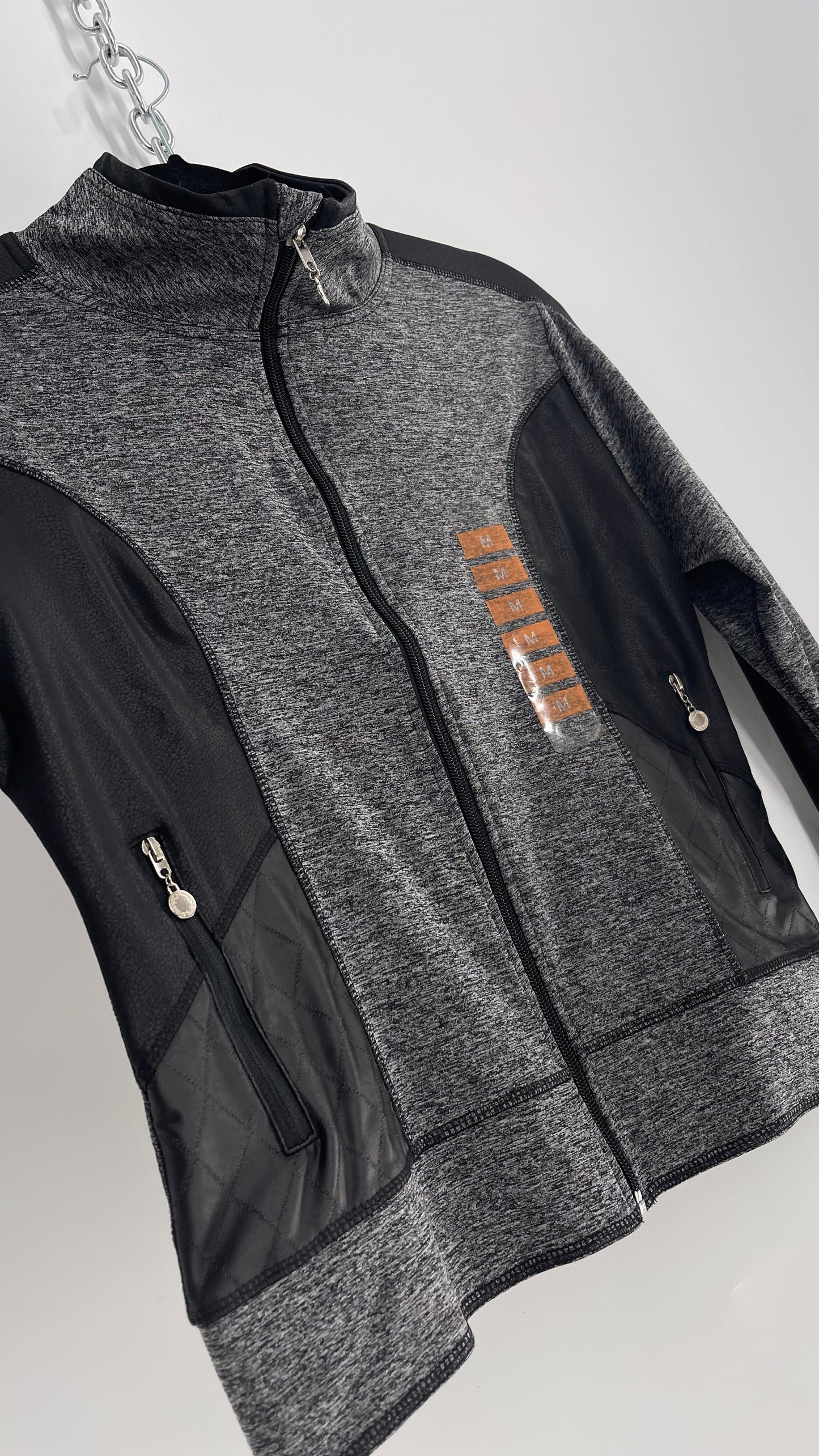 Catherine Malandrino Grey With Black Details Front Zipper Athletic Jacket Thumbs Cut Out (Size Medium)