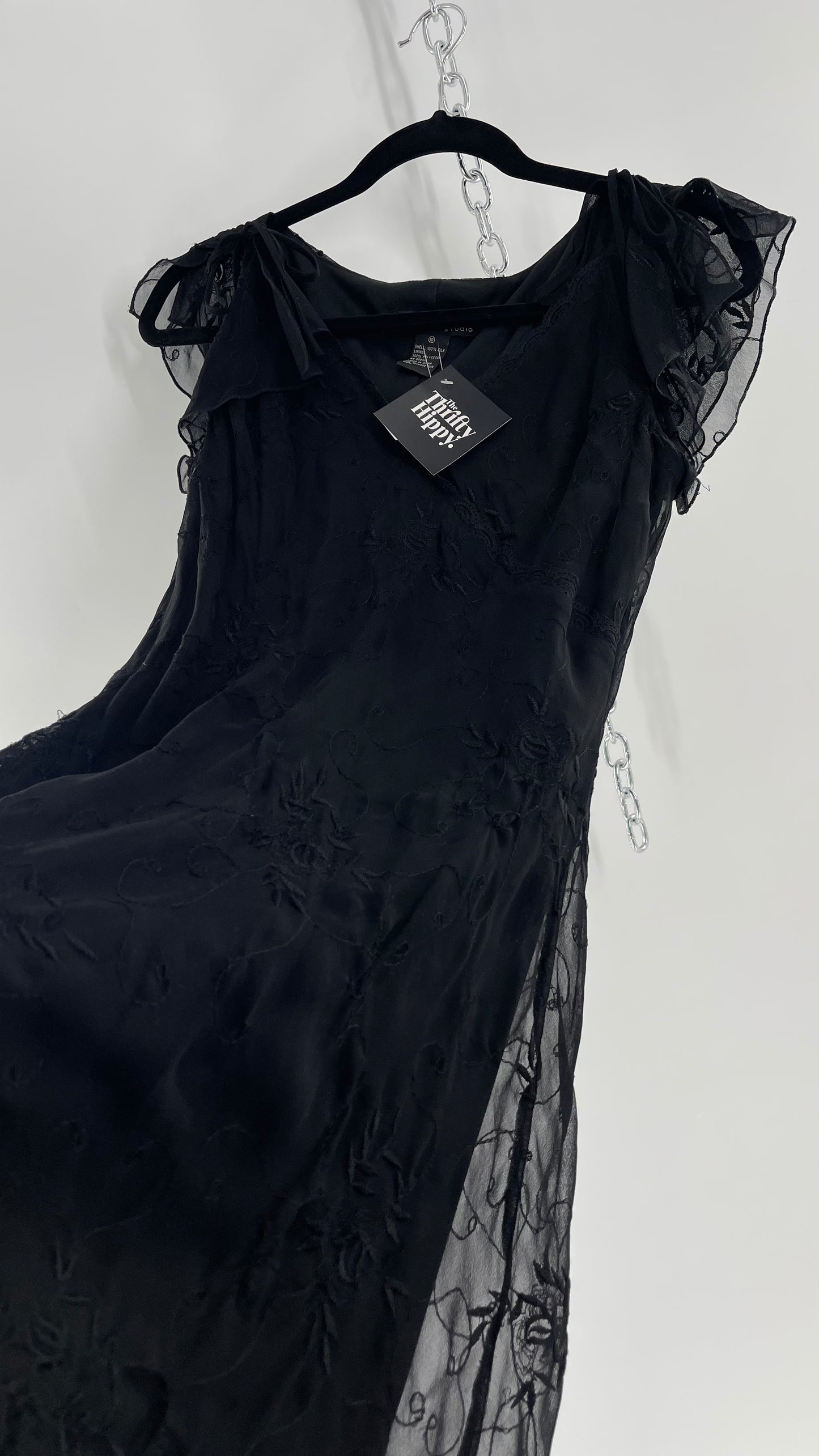 Vintage Jonathan Martin 100% Silk Black Embroidered MIDI Dress with Tie Shoulder Detail (10)