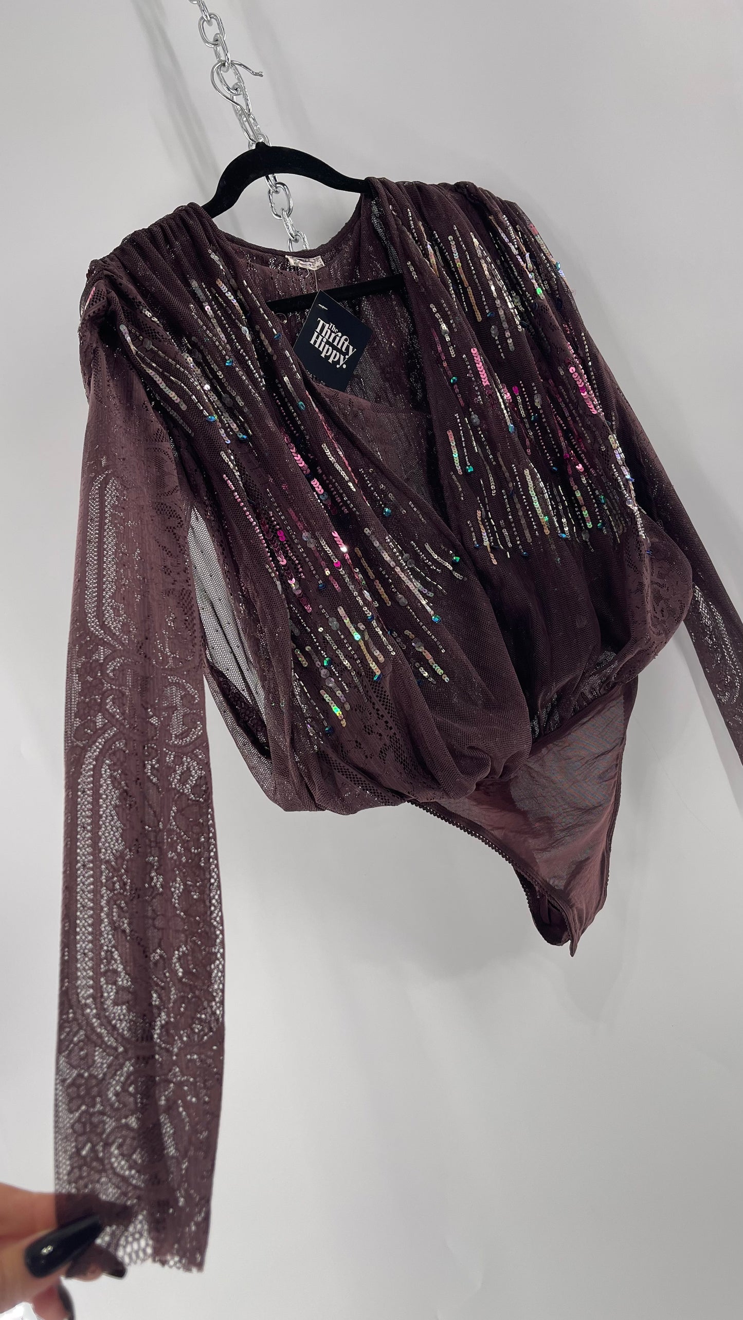 Intimately Free People Plum Mesh Bodysuit with Lace Sleeves and Beaded/Sequined/Embellished Body (Medium)