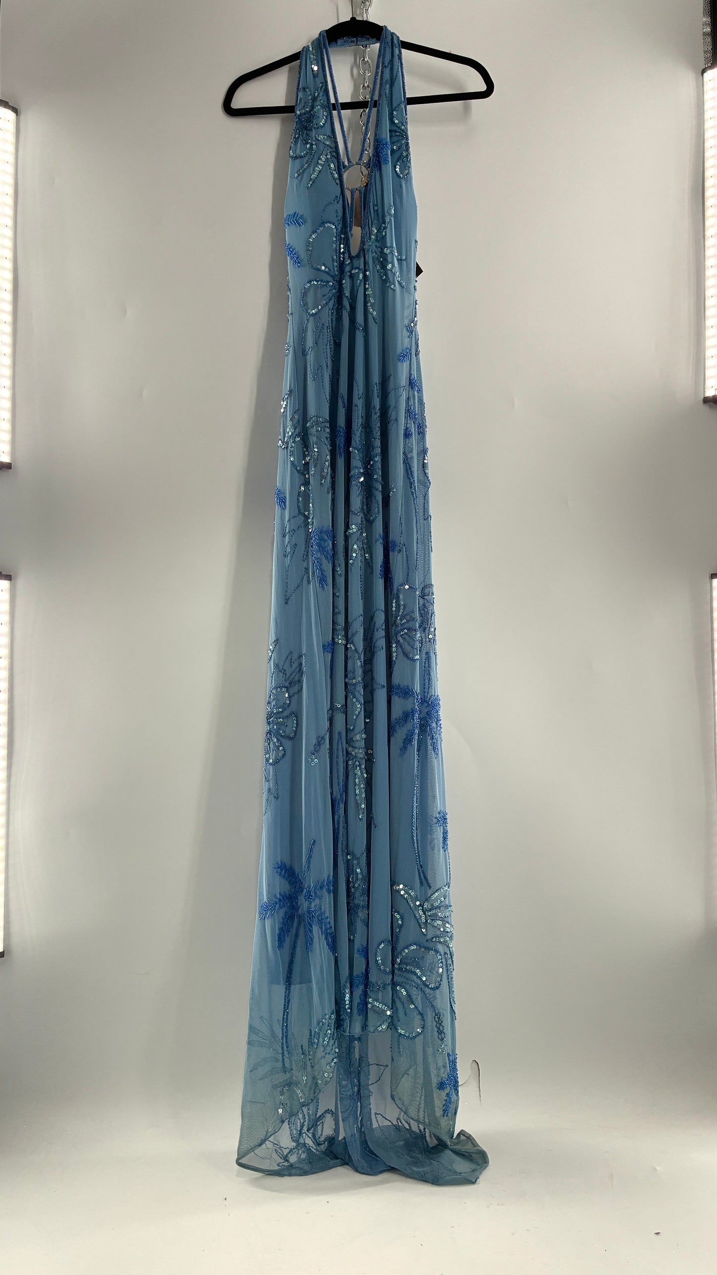 Vintage 1990s Powder Blue Gown Covered in Beaded Appliqué Tropical Designs with Strappy Bust and Low, Open Back (S/M, stretchy no size marked)