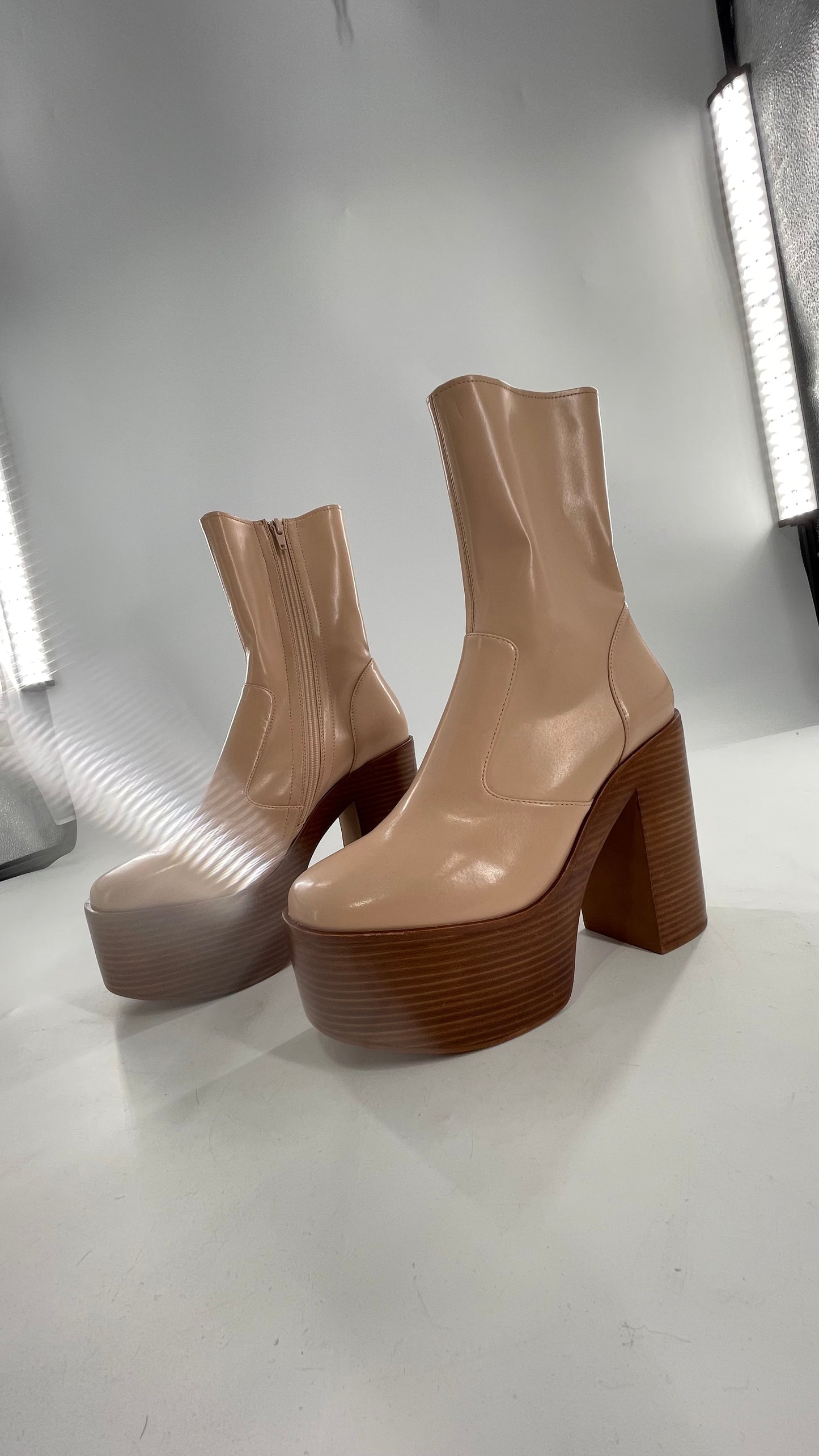 Free People X Jeffrey Campbell Mexique GoGo Boots • Beige Patent Boot with Wood Grain Chunky Block Heel and Platform (9)