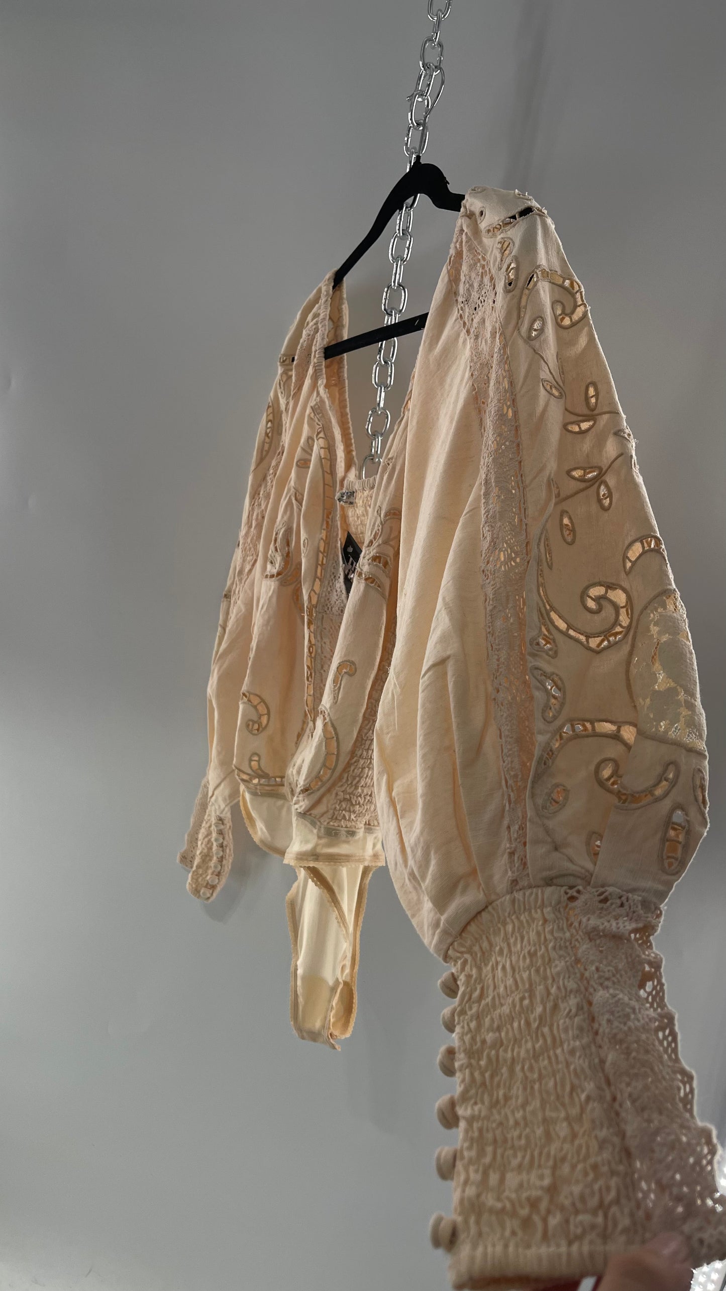 Free People Off White Cotton Bodysuit with Embroidered Lace Balloon Bishop Sleeve and Smocked, Buttoned Cuffs (Large)