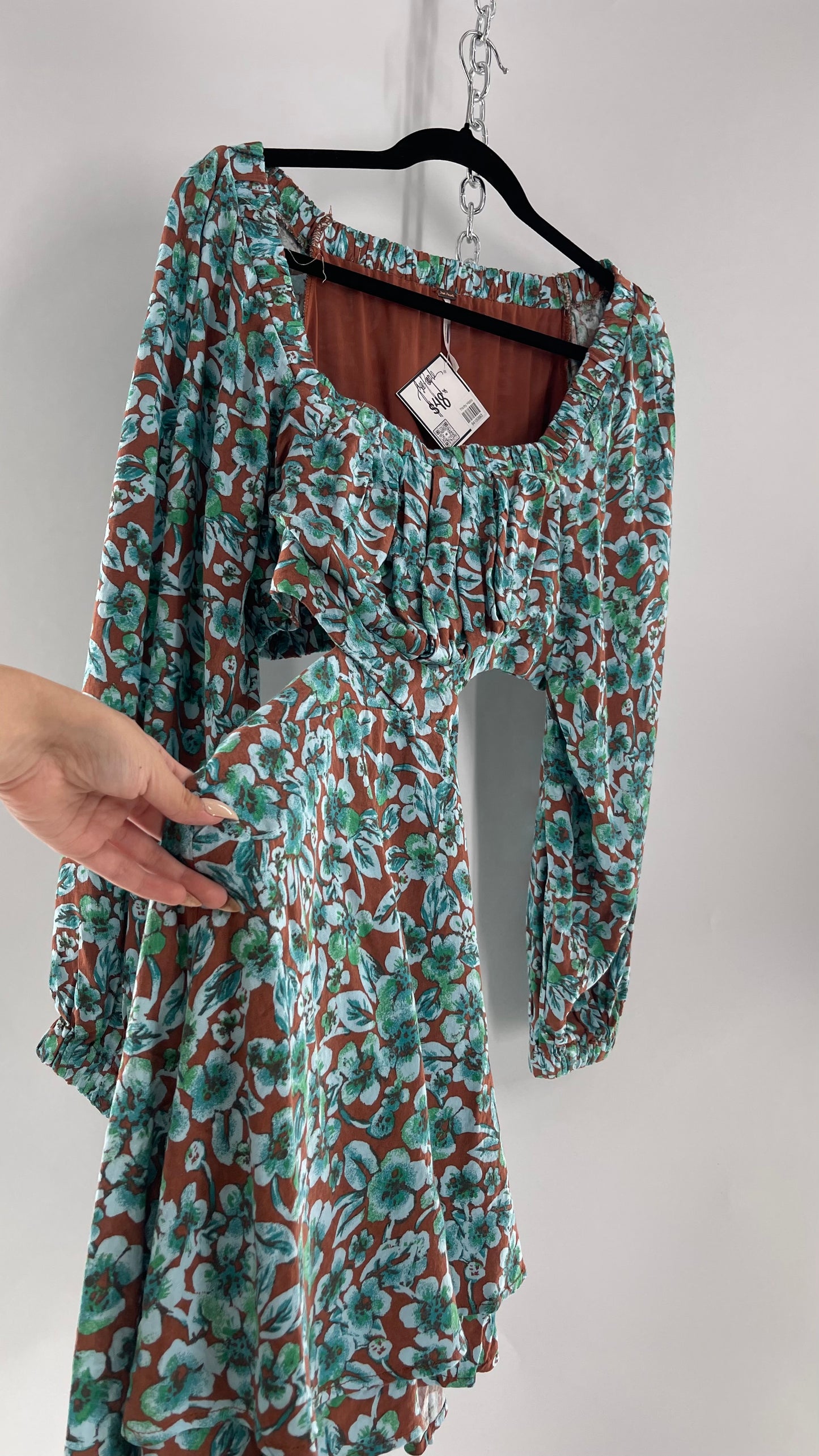 Free People Brown Cut Out Milkmaid Mini with Blue Florals (Medium)