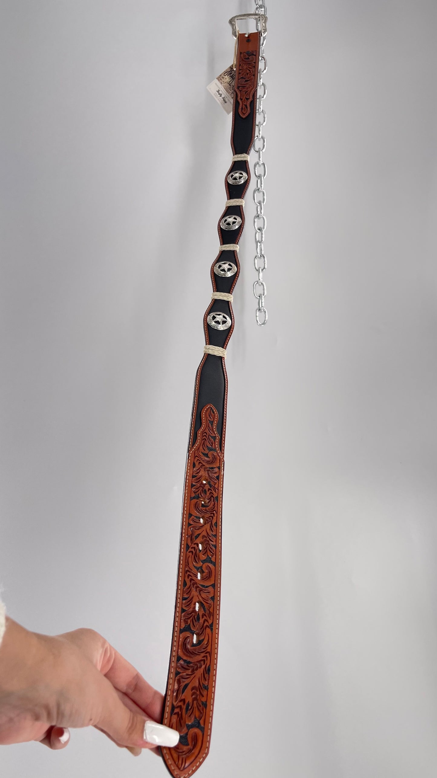 Vintage Ranger Belt Company Genuine Handtooled Leather Metal Stars Embellishments (36)