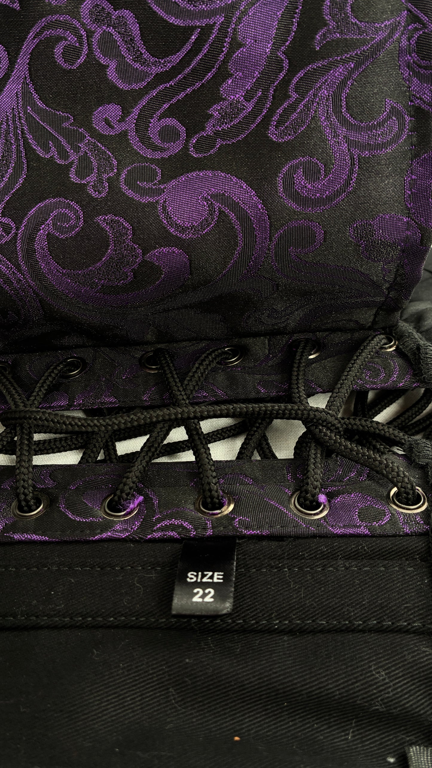 Vintage Black and Purple Brocade Corset with Pleated, Ruffled Hem (Sz 22)