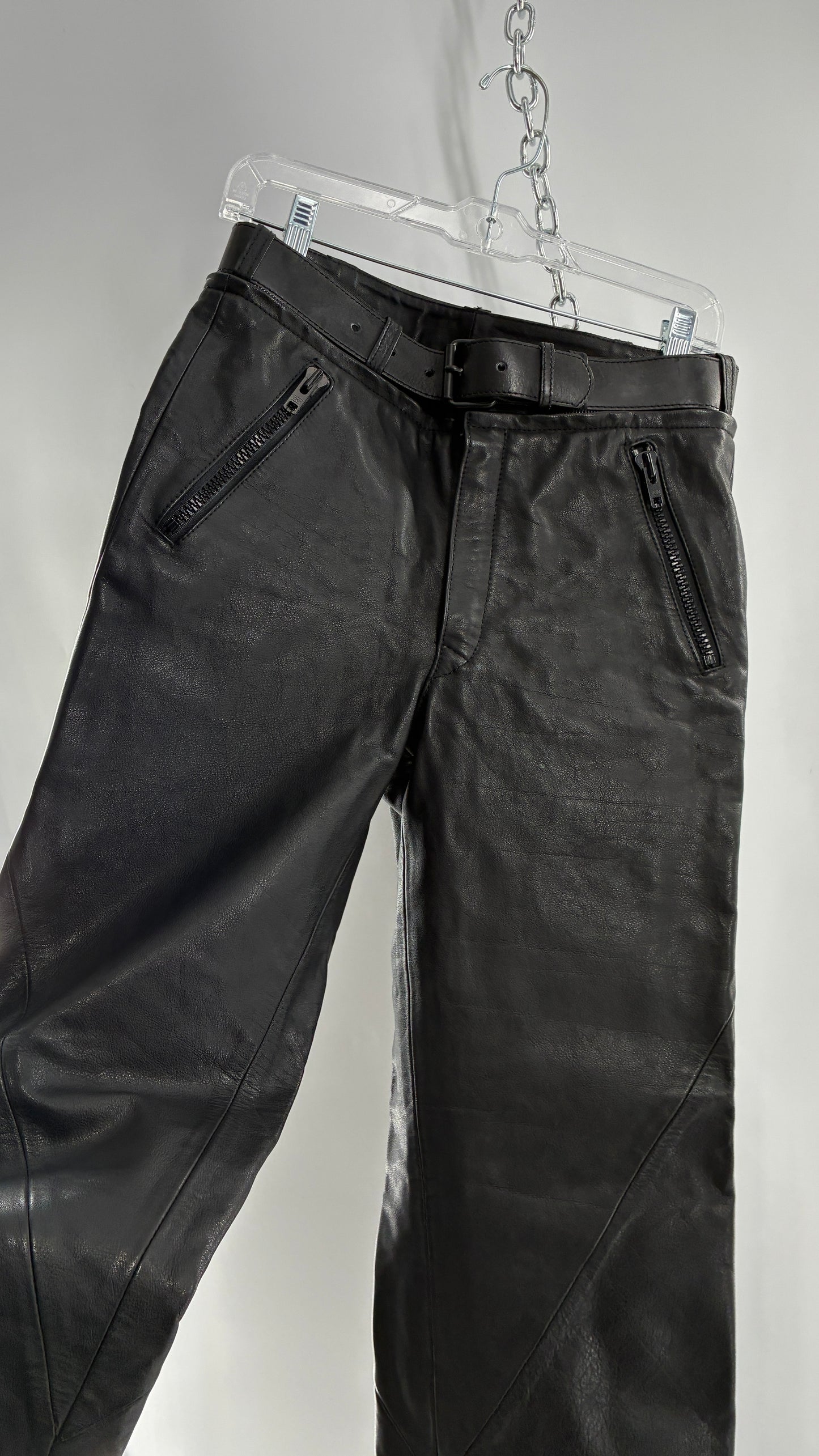 Vintage Black Italian Leather Motorcycyle Pants with Built In Belt and Zipper Detailing (XS)