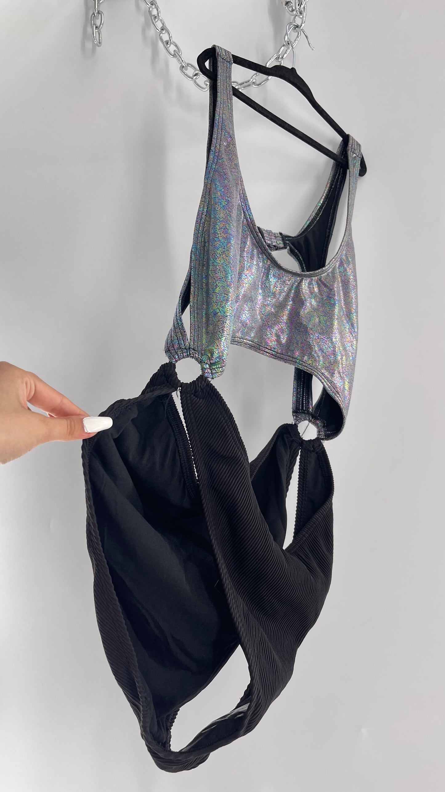 Urban Outfitters Out From Under Bathing Suit Metallic Gas Spill Top and Ribbed Black Bottom Connected by Rings (Large)
