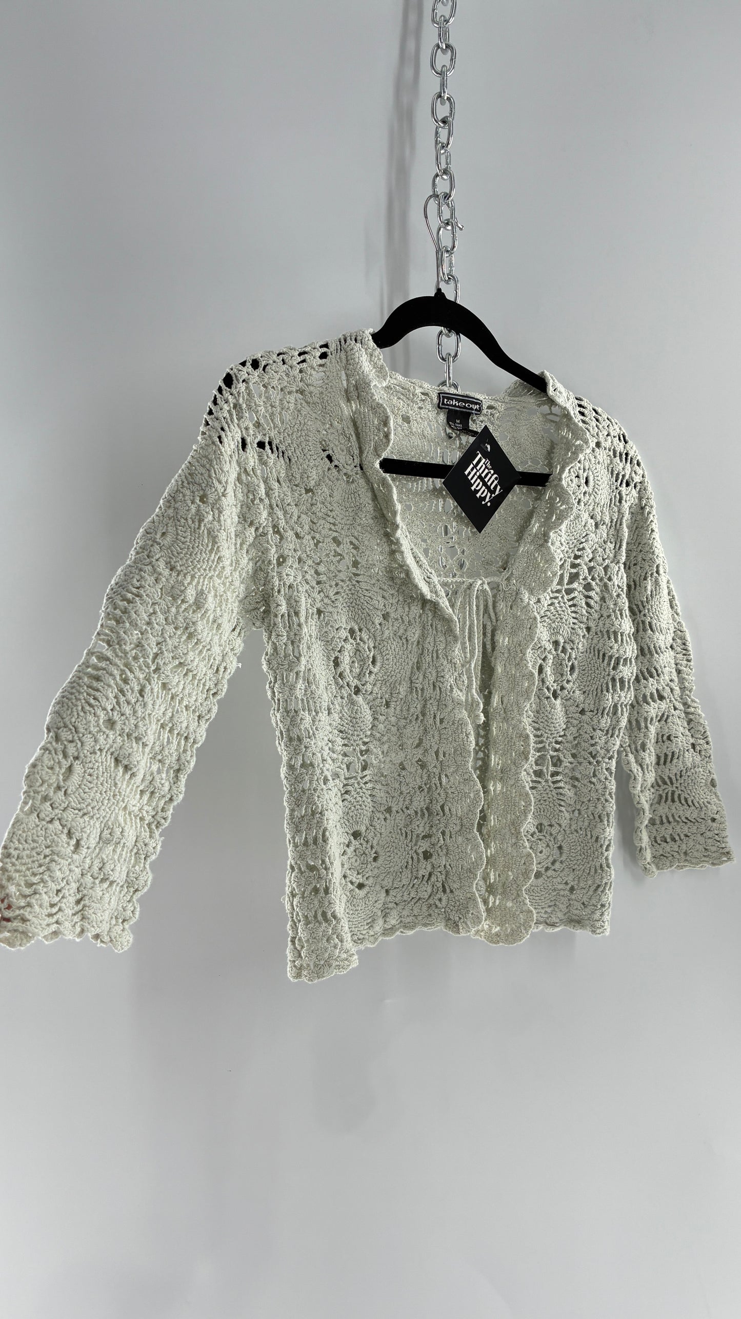 Vintage TAKEOUT Grey Crochet Knit Tie Bust Cardigan Top (Medium)
