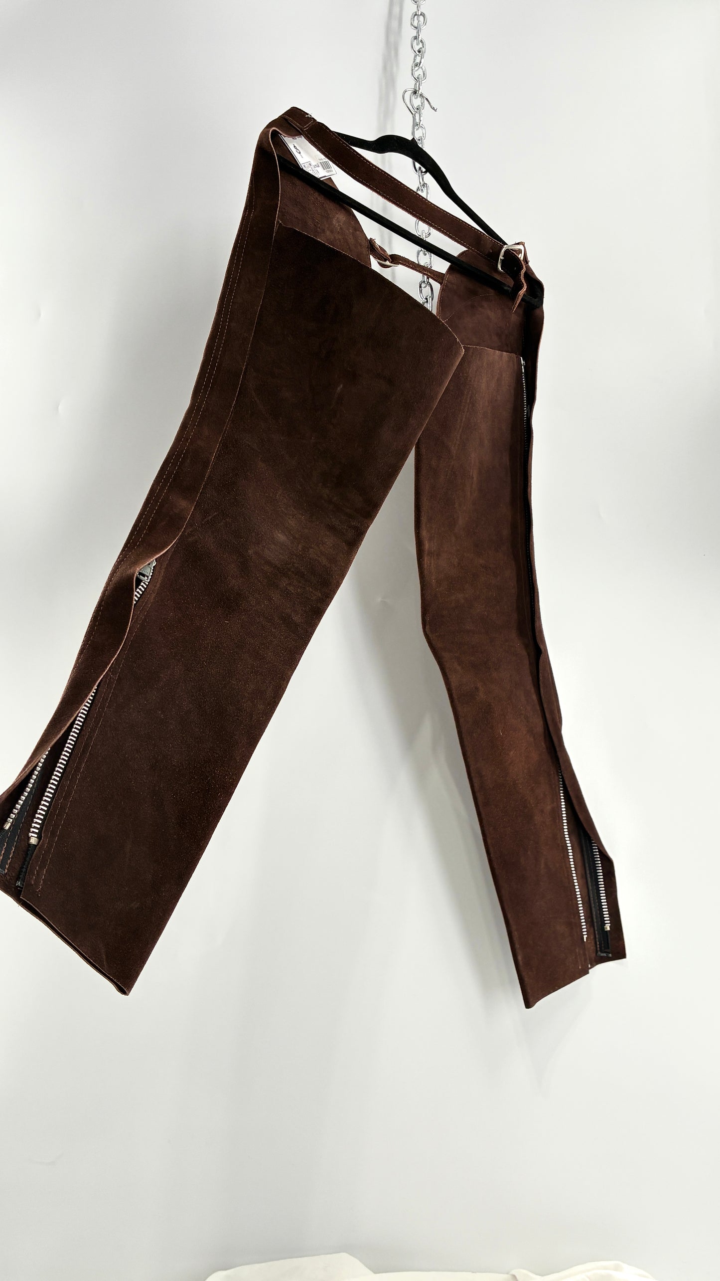 Vintage Chocolate Brown Genuine Suede Leather Chaps with Heavy Duty Side Zipper Detail (XS)