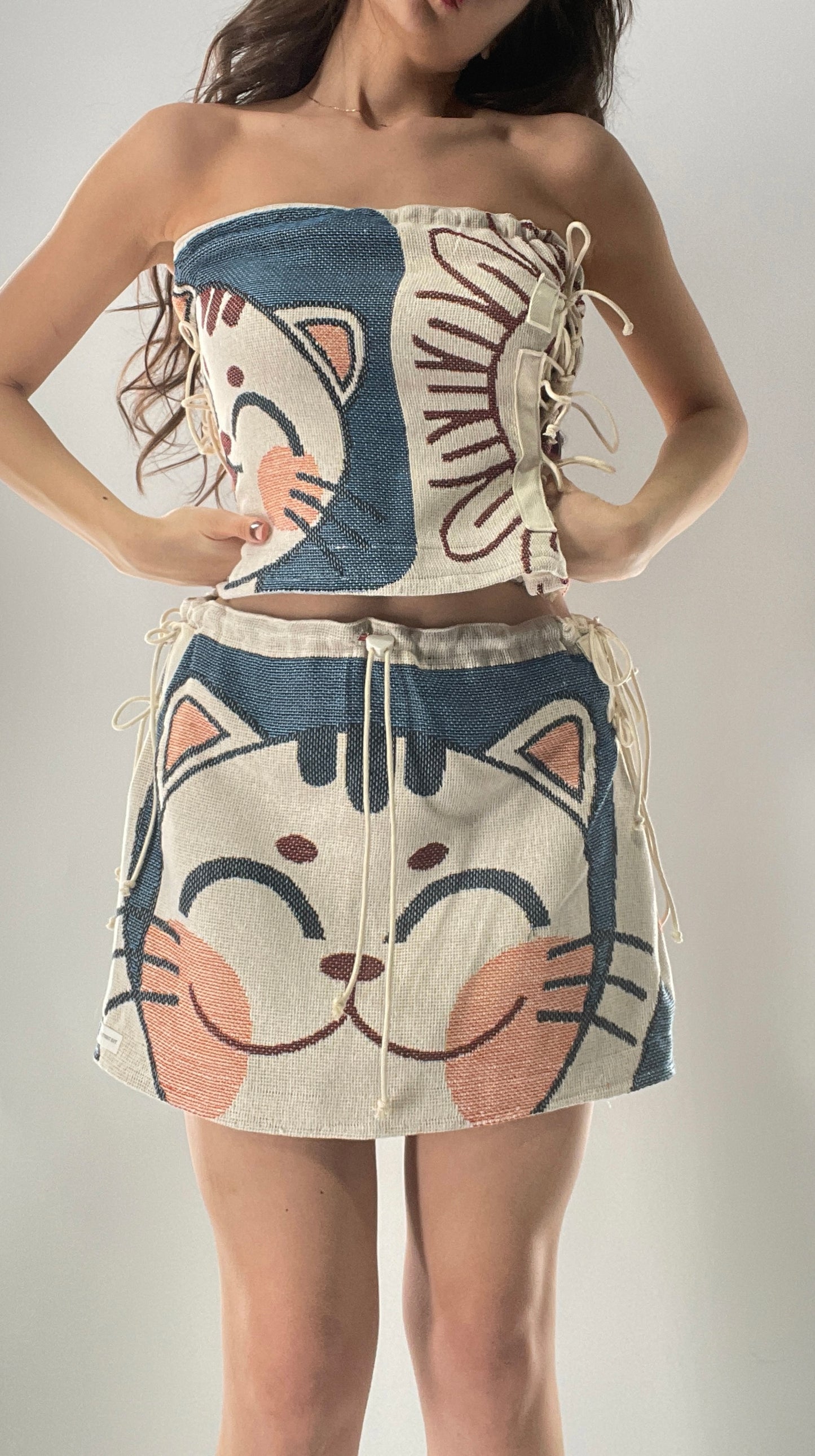 Vintage Tapestry Kitty 2pc Set with Adjustable Corseted Top and Adjustable Corseted Micro Skirt (S-L)