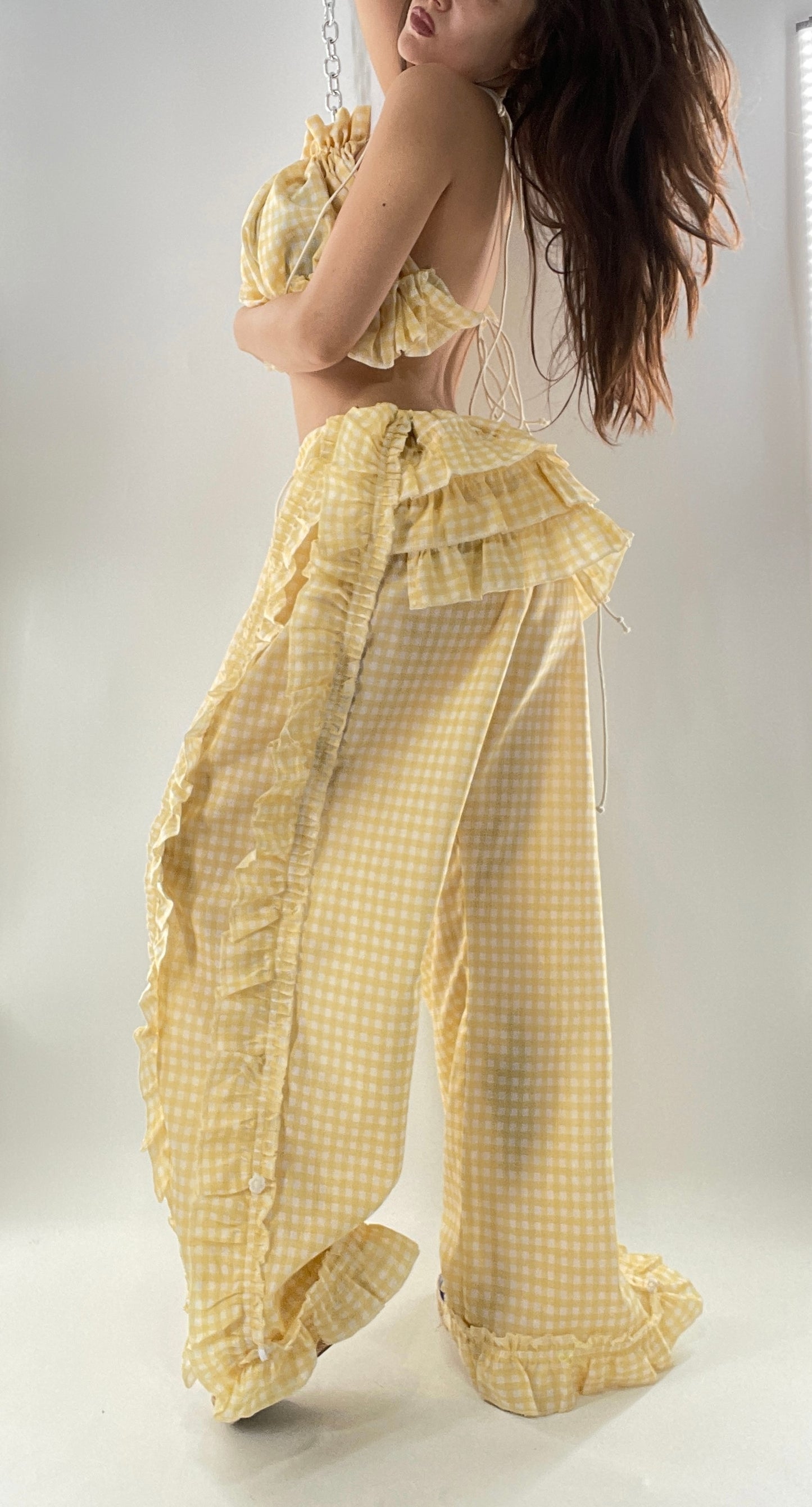 Vintage 2 Piece Yellow Checkered/Gingham Patterned Picnic Set with Ruched Bust Top and Ruffle Side Wide Legs with Adjustable Length, Strap Up Buttons on Hem (One Size)