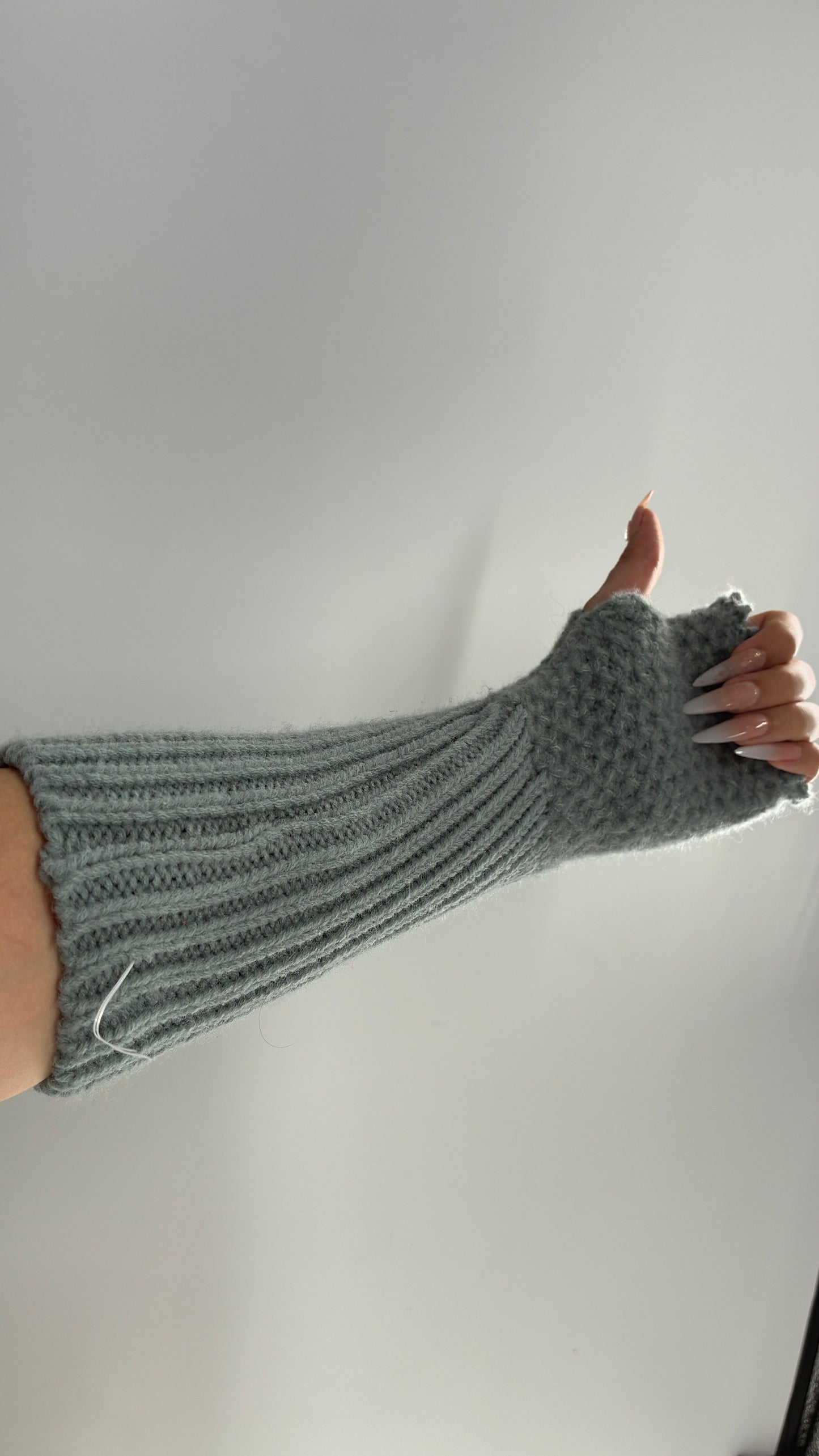 Free People Distressed Grey Blue Distressed Knit Fingerless Arm Warmer Gloves