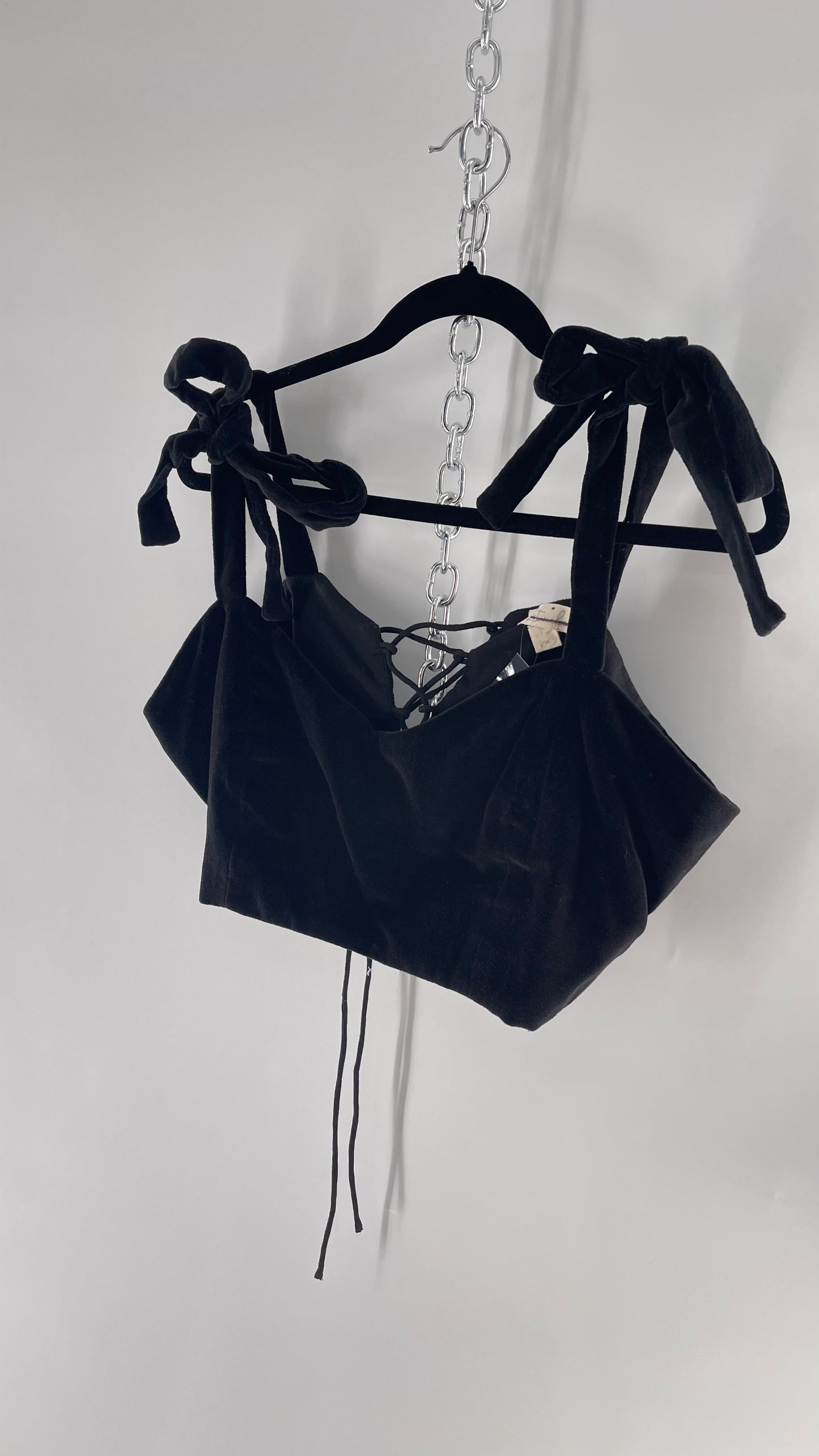 Letmebe Anthropologie Black Velvet Cropped Tank with Delicate, Romantic Tie Shoulders and Lace Up Back (XL)