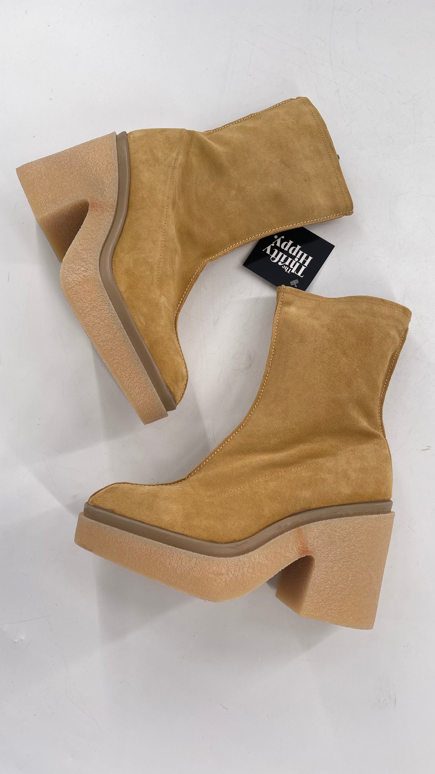 Free People Gigi Tan Suede Ankle Boots with Platform and Chunky Rubber Heel (38.5)