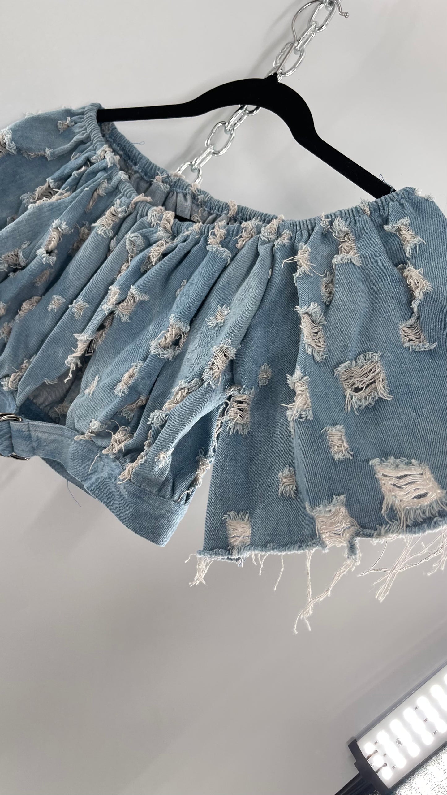 Homage Distressed Denim Crop Top with Keyhole Bust Cutout and Buckle (Medium)