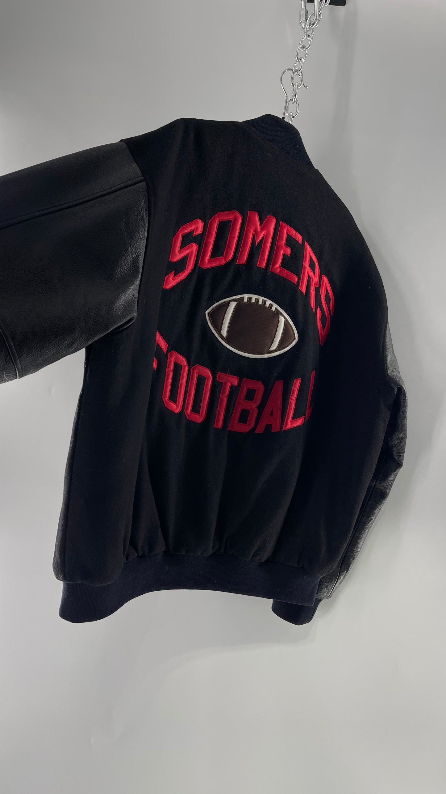 Vintage Somers Football Varsity Jacket with Leather Sleeves “Matt” Embroidery and Red Lettering (XL)