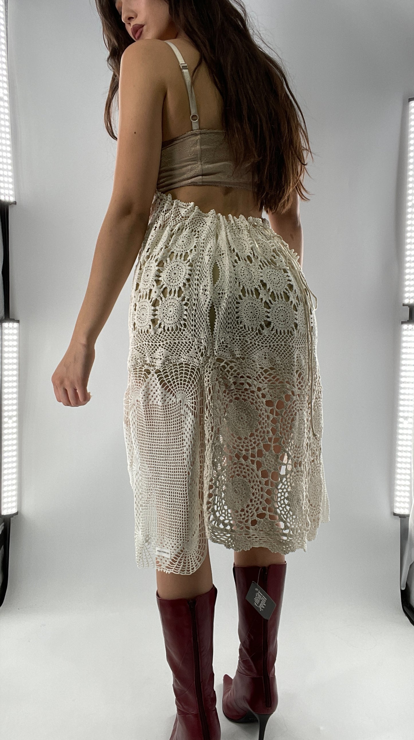 Vintage Handmade Crochet Cottage Adjustable Dress with Open, Low Back (One Size)