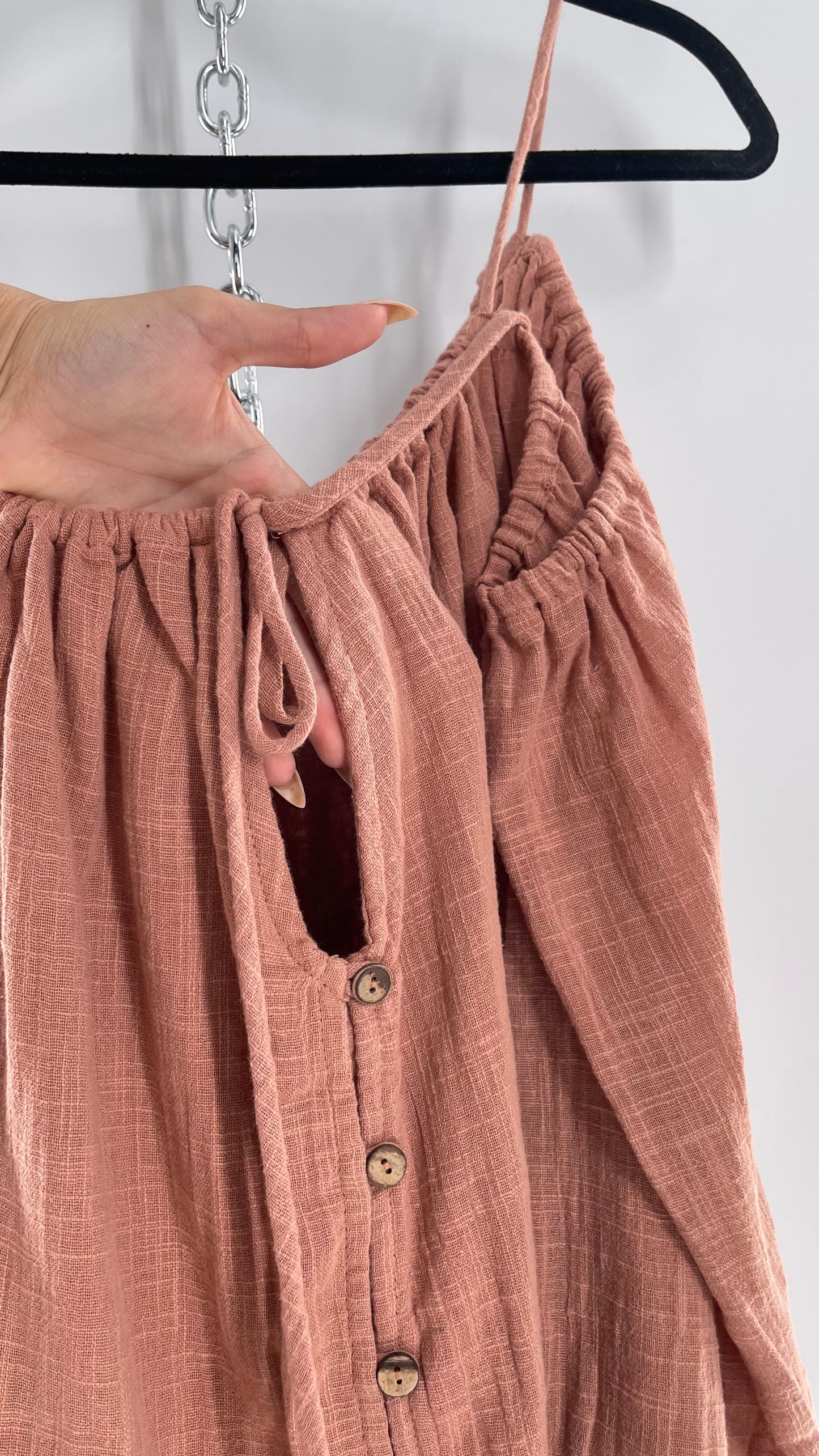 Free People Cotton Blush Pink Button Front Cold Shoulder Dress (Medium)