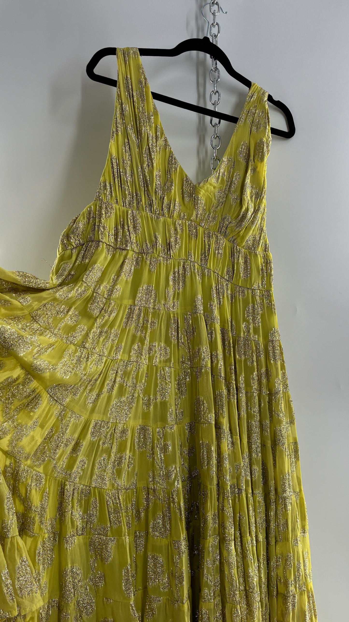 LET ME BE Lime Yellow/Green Ultra Voluminous Tiered Dress with Gold Metallic Jacquard Appliqué Pattern (XL)