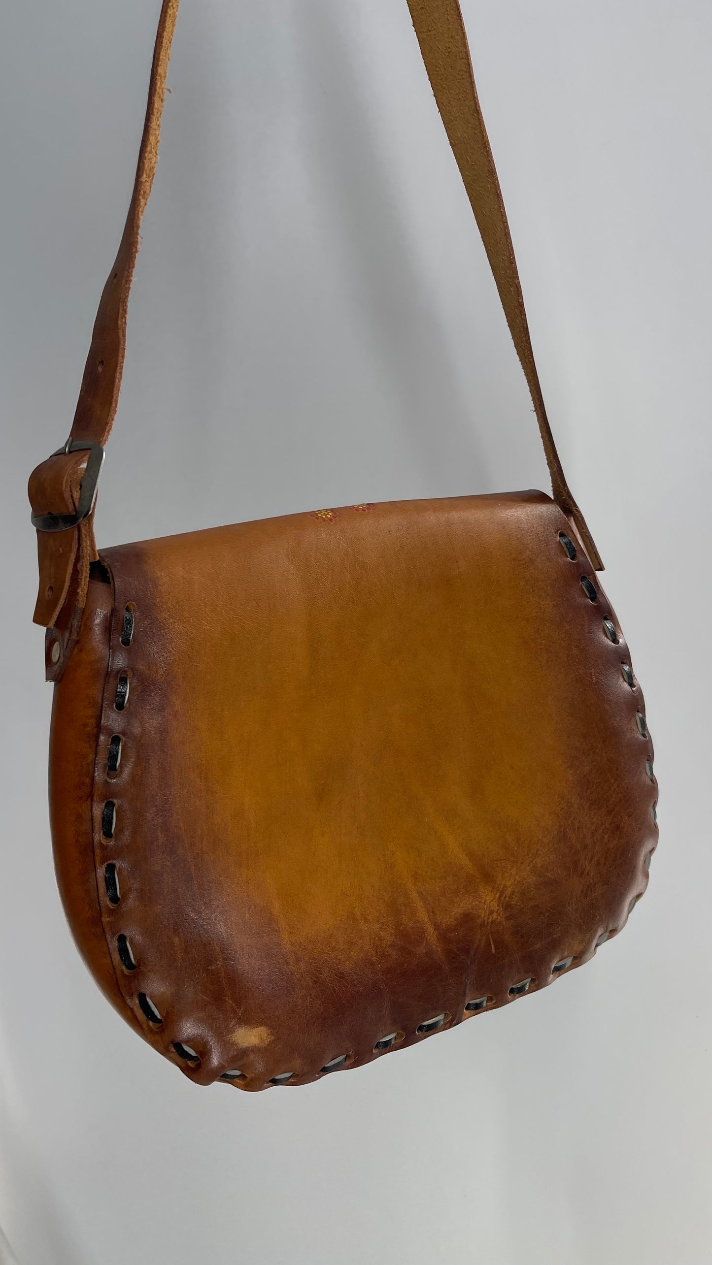 Vintage 1970s Mexico Leather Saddle Bag with Engravings, Stitching and Turnstile Closure