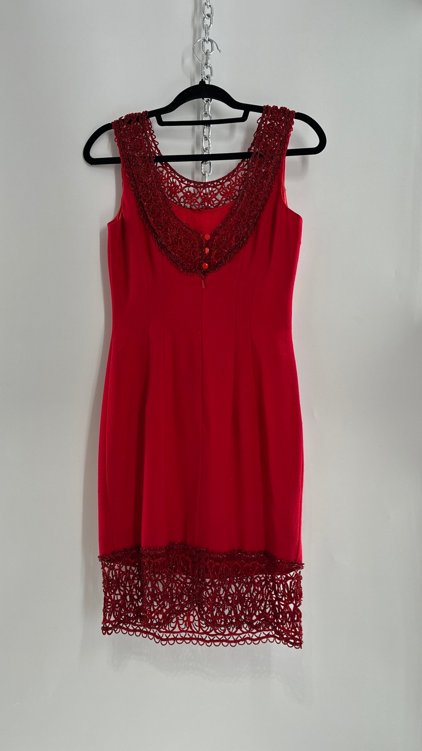 Vintage CARMEN MARC VALVO Red 100% Fitted, Tailored Wool Dress with Beaded Hem and Neckline (6)