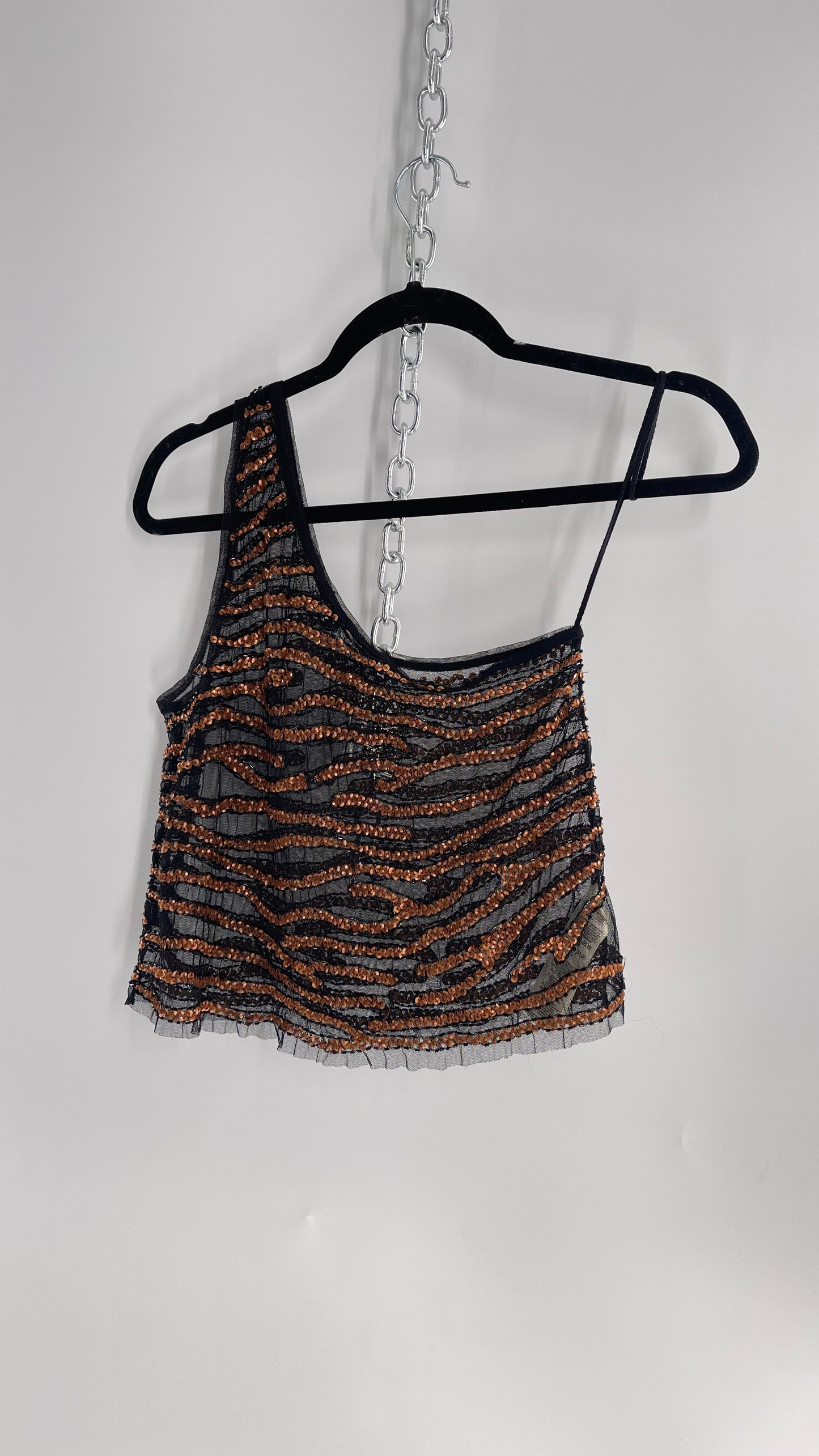 Free People Black Mesh One Shoulder Blouse with Copper Zebra Patterned Sequins (XS)