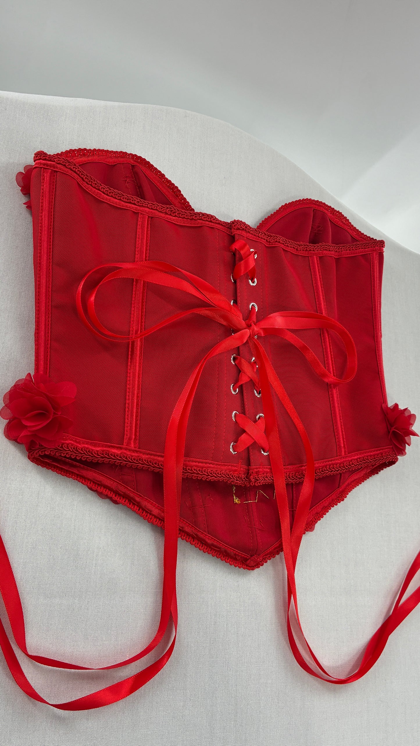 Red Handmade Corset with Rosette Appliqués and Sequin Heart Design (Small)