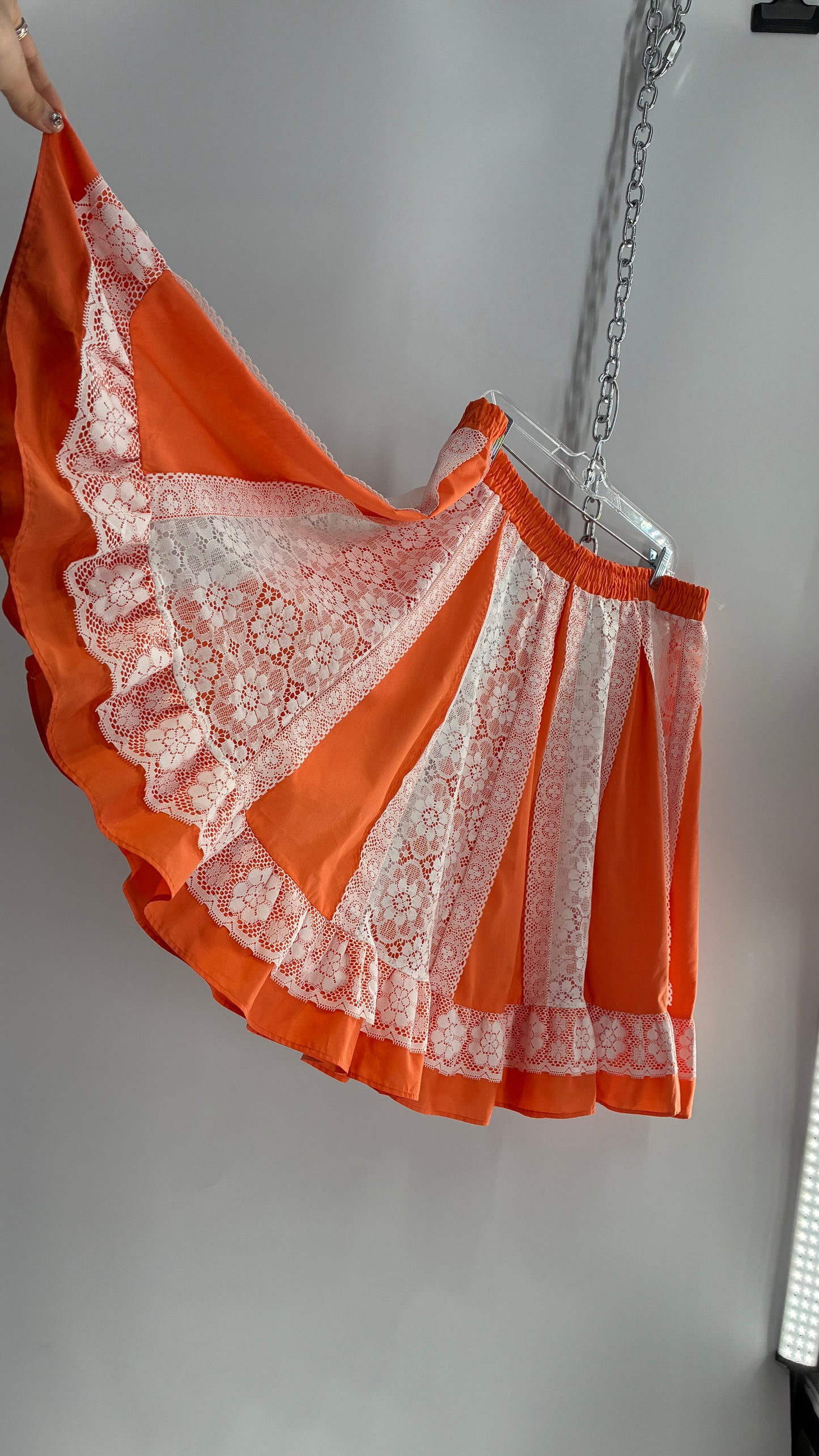 Vintage 1970s Handmade Sheer Lace Paneled Orange Mini Skirt (XL)