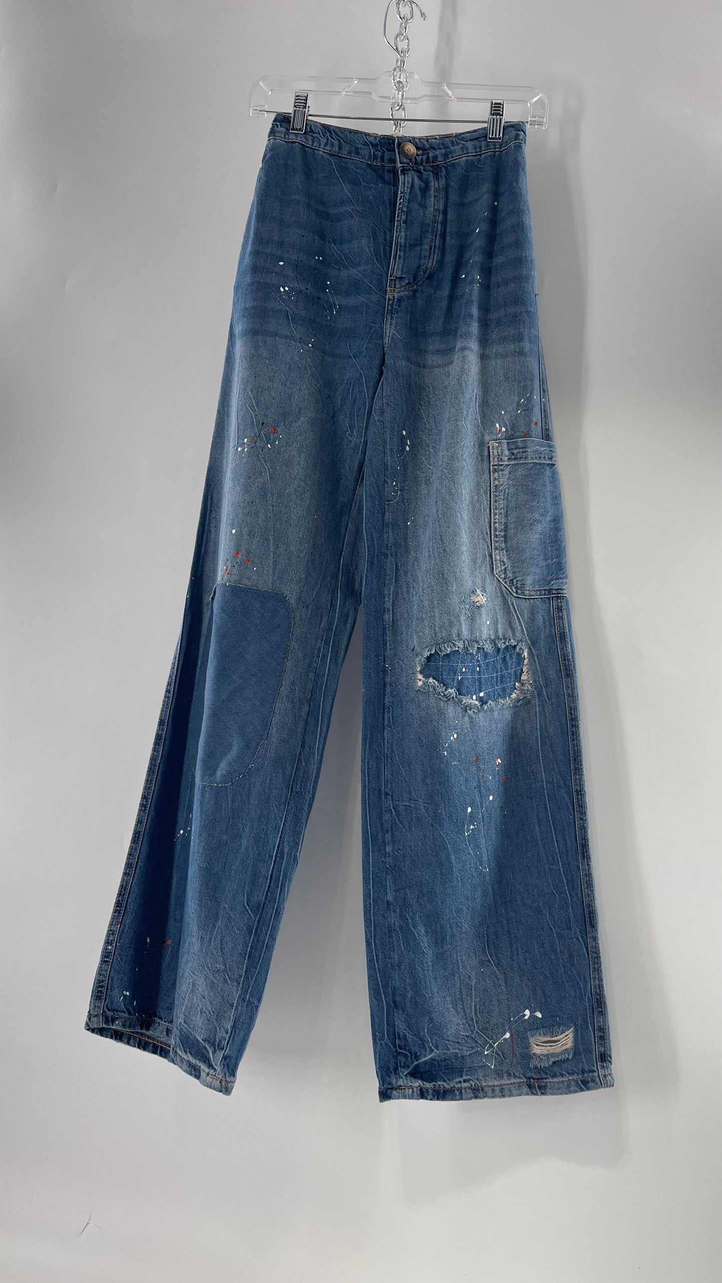 Free People Paint Splash Cargo/Carpenter Starving Artist Slouchy Medium Wash Jeans (24)