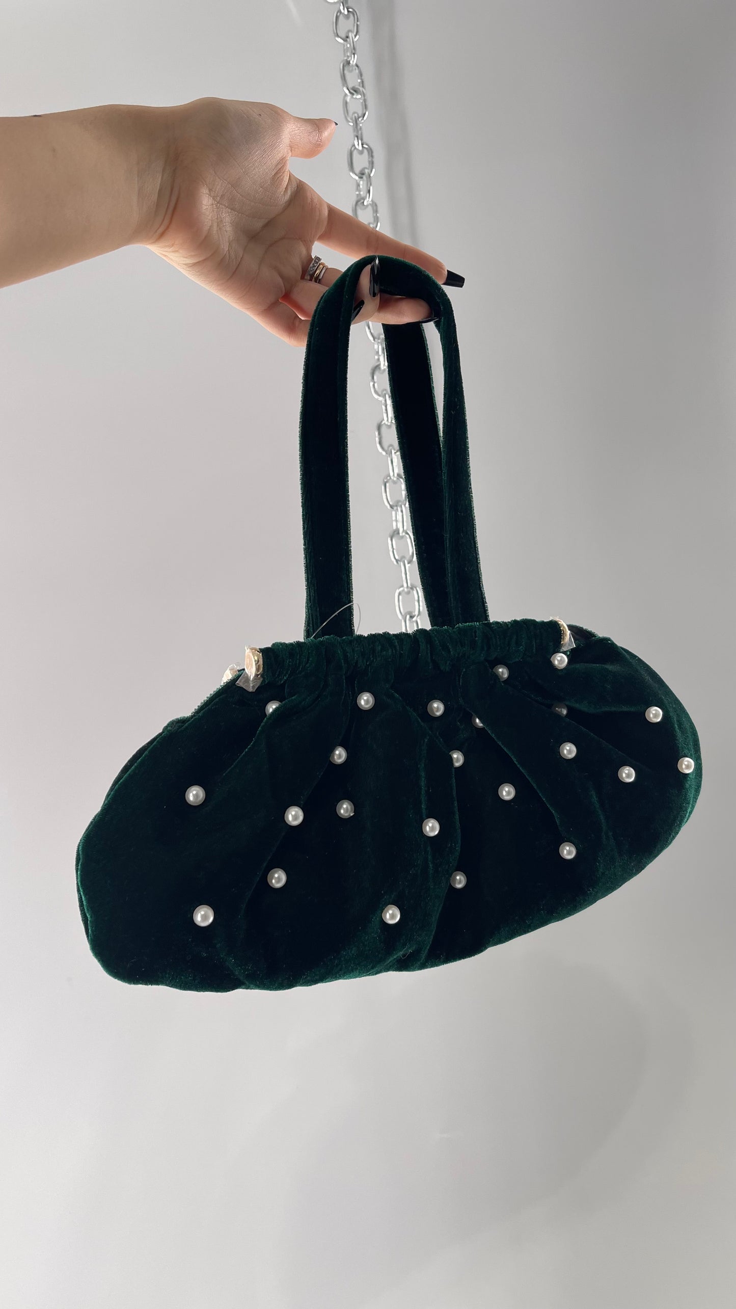 Vintage Deep Green Velvet Purse Covered in Pearls, and Featuring Gold Metal Closure Still Lined in Protective Plastic