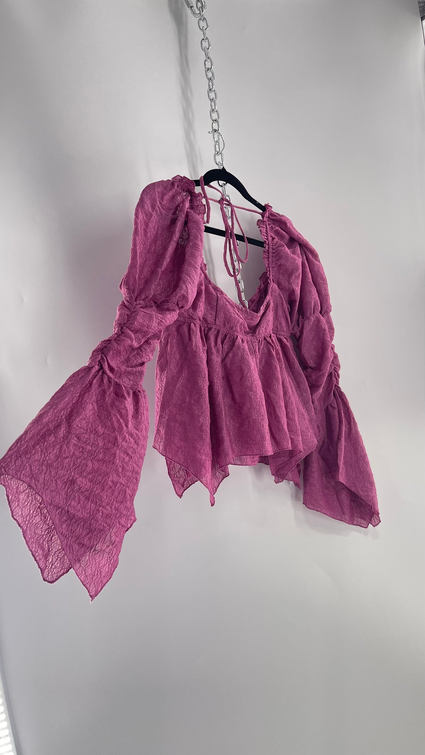 Urban Outfitters Purple Lace Blouse with Handkerchief Slit Hem, Princess Fairy Sleeves, Ruffle Trim Bust and Low Back (Large)