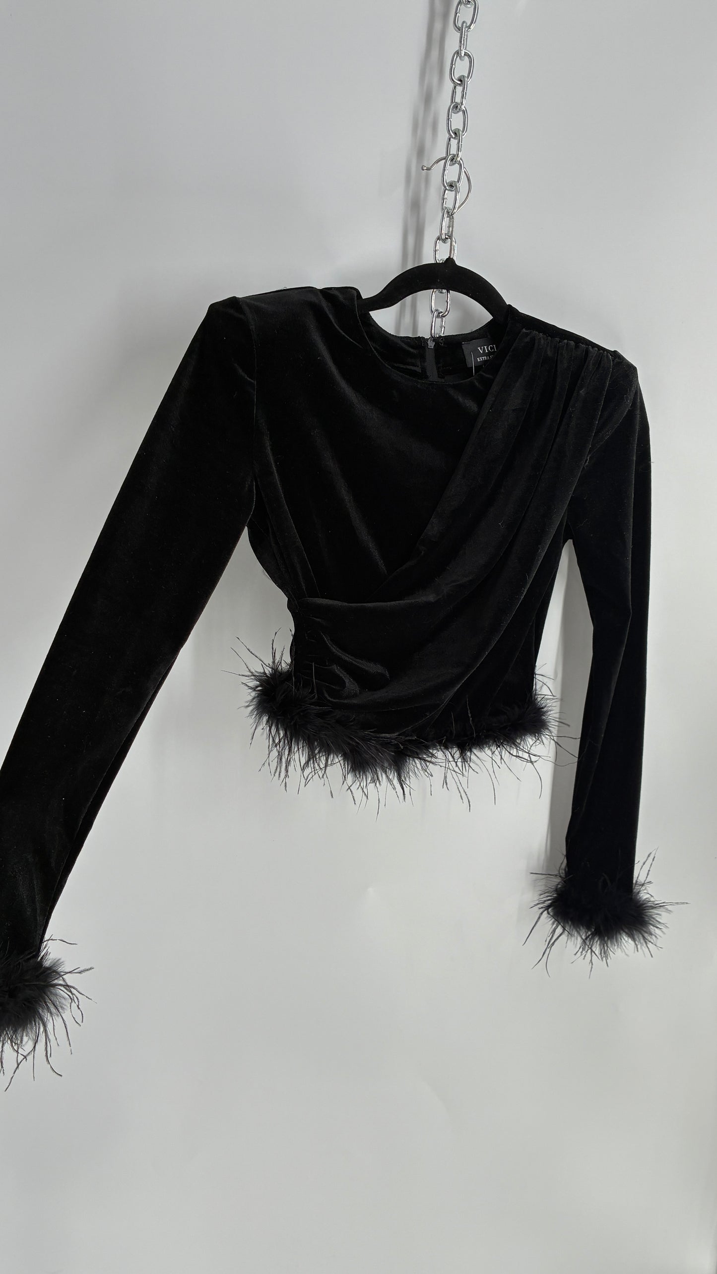 Vintage VICI Black Draped Long Sleeve with Ostrich Feather Hems and Cuff (XS)