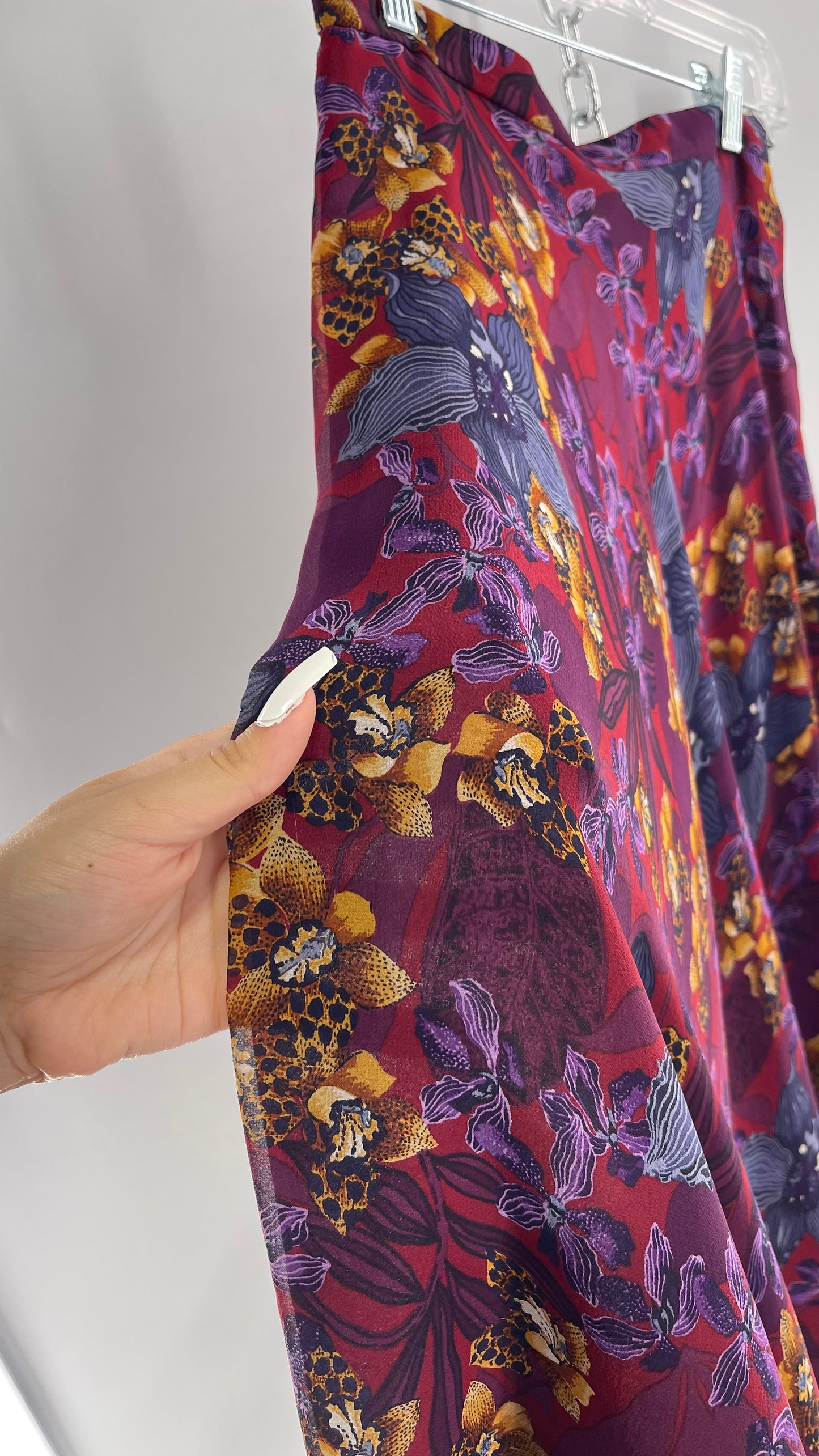 Vintage 100% Silk Burgundy Tropical Skirt with Leopard Florals (4)