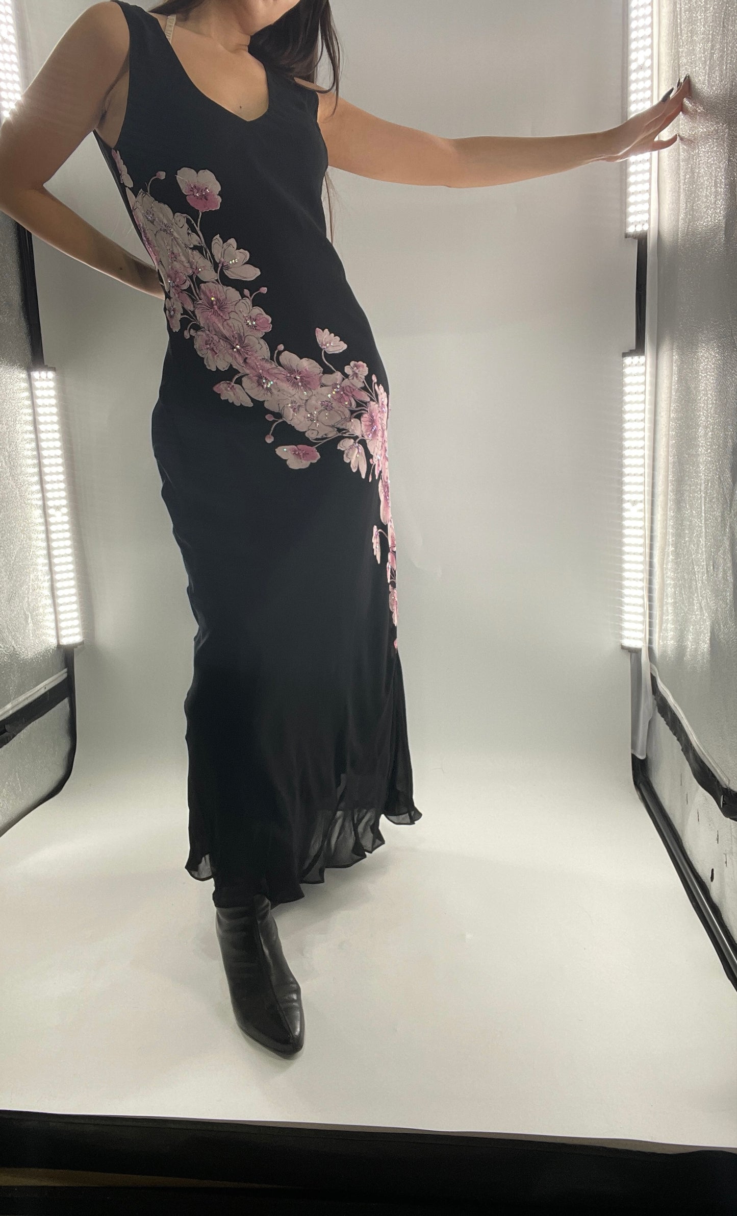 Vintage Dress Barn Black Slinky Maxi Dress with Pink Floral Graphic and Sequins (L)