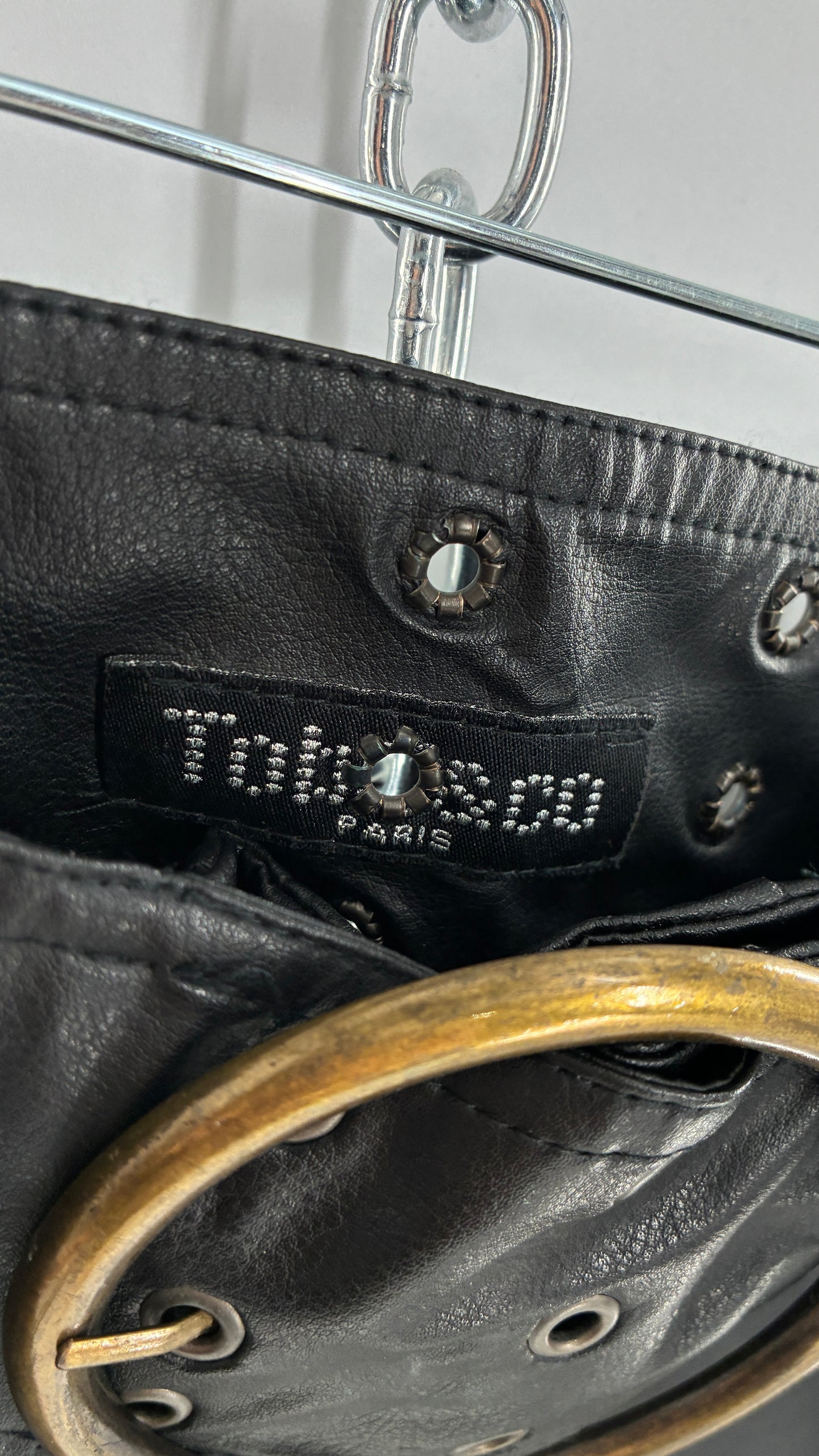 Vintage Toba&Co Tobacco Faux Leather Low Rise Zip Front Kick Flares with Wide Grommet Covered Bronze Circle Buckle Belt (S)