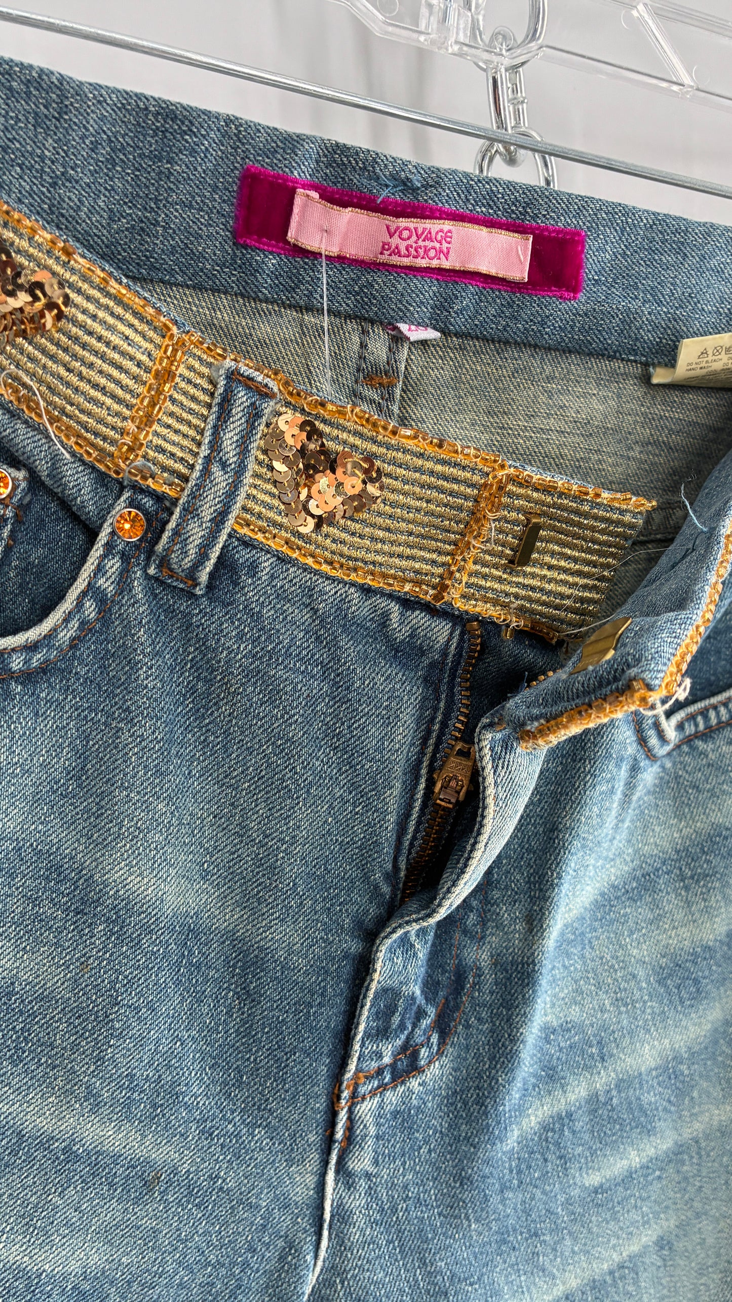 Vintage VOYAGE PASSION Kick Flare Light Wash Jeans with Heart Embroidered Bum and Gold Sequin Belt (28)