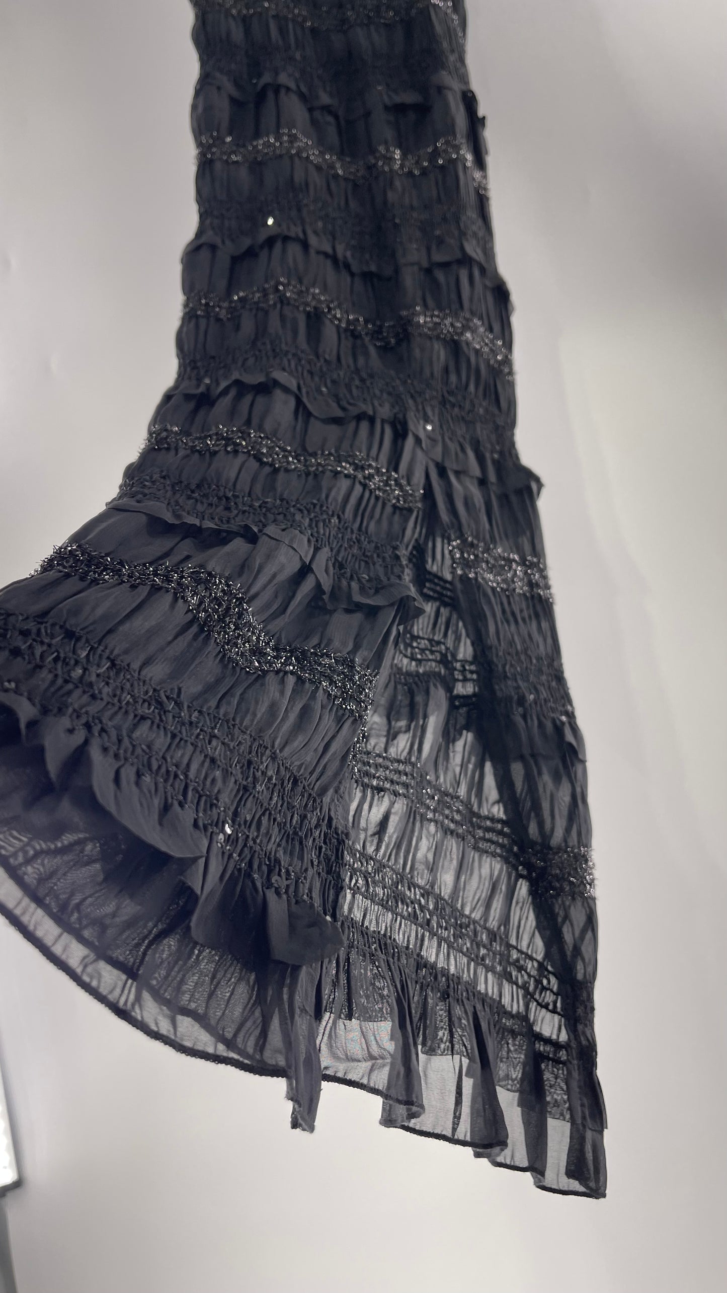 The Commense Black Sheer Crimped Midi Dress with Stripes of Tinsel and Ruffle with Tags Attached (Medium)