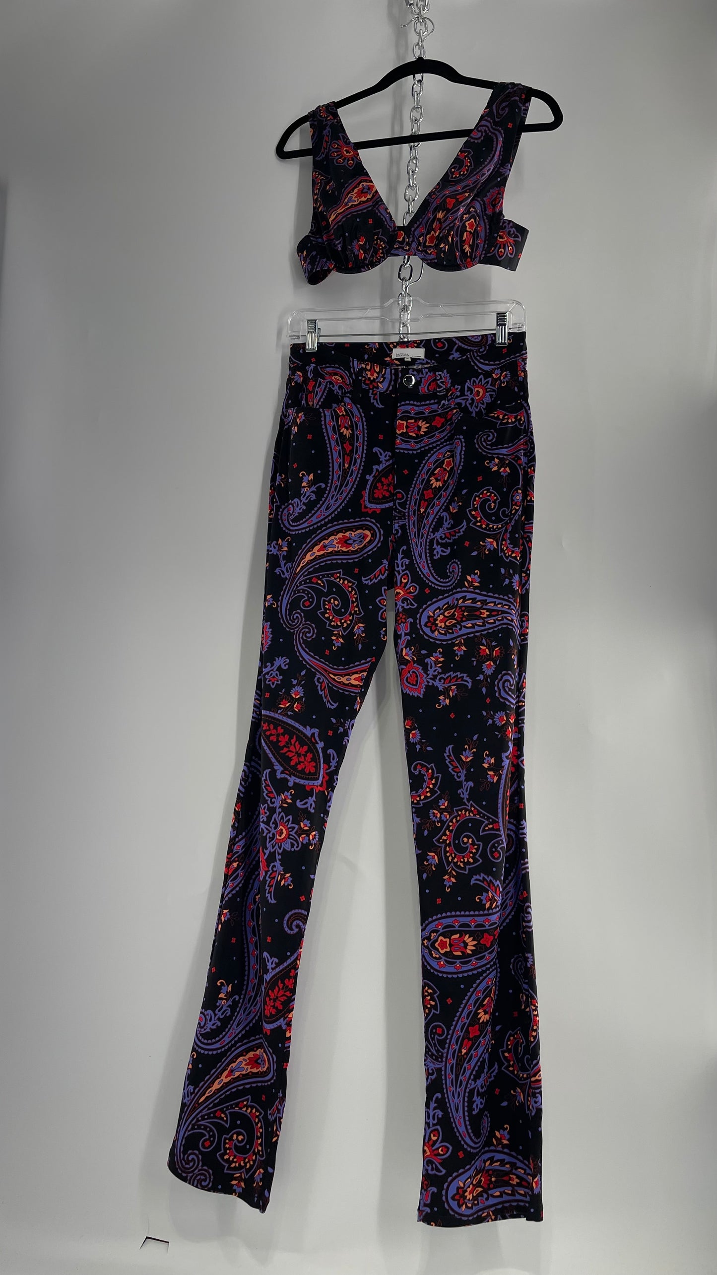 Danielle Bernstein Satin Paisley Underwire Festival Top and Kickflare 2pc Set (Small)