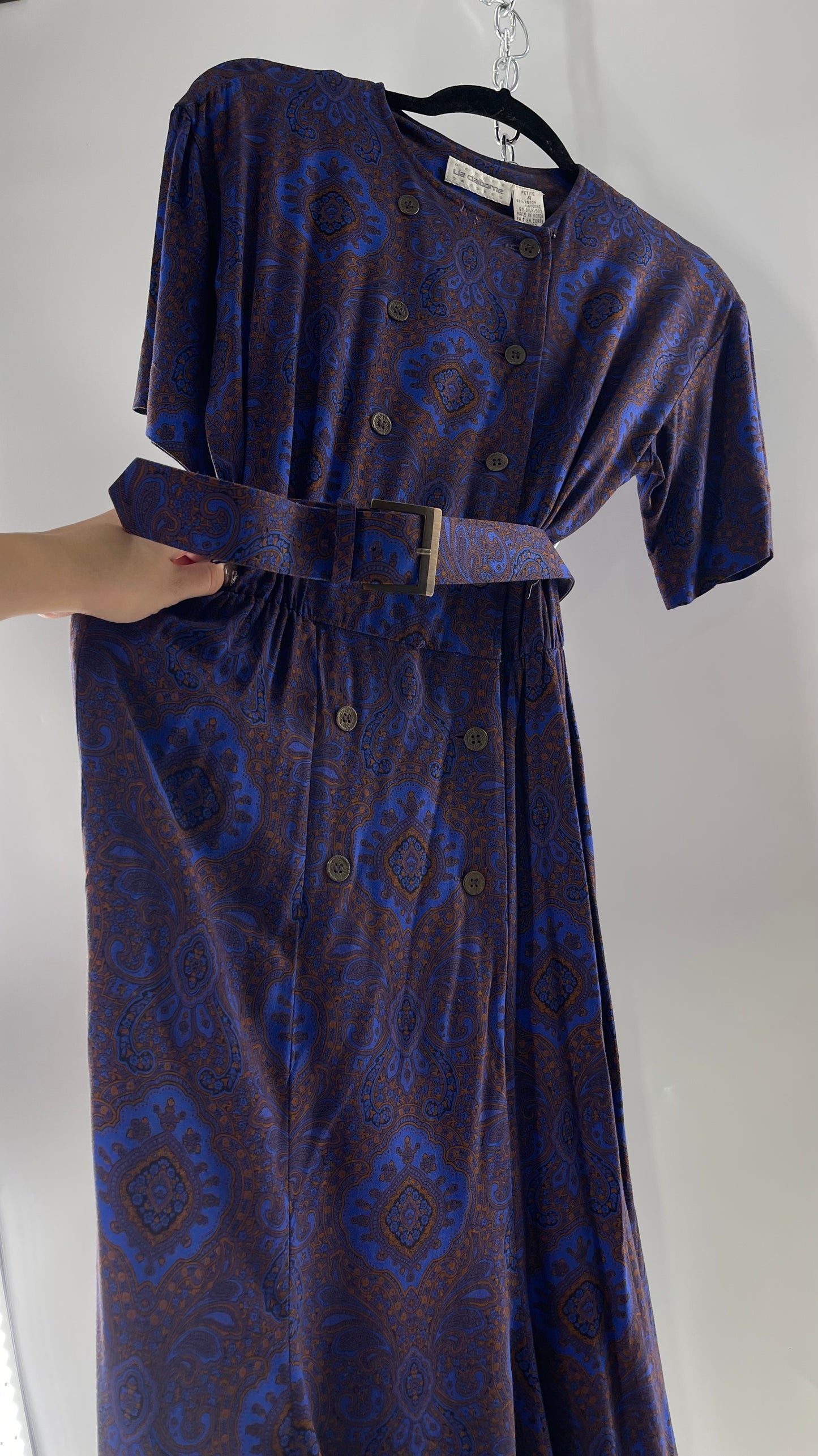Vintage Liz Claiborne Cobalt Blue and Mustard Paisley Patterned 60s Style Dress(4)