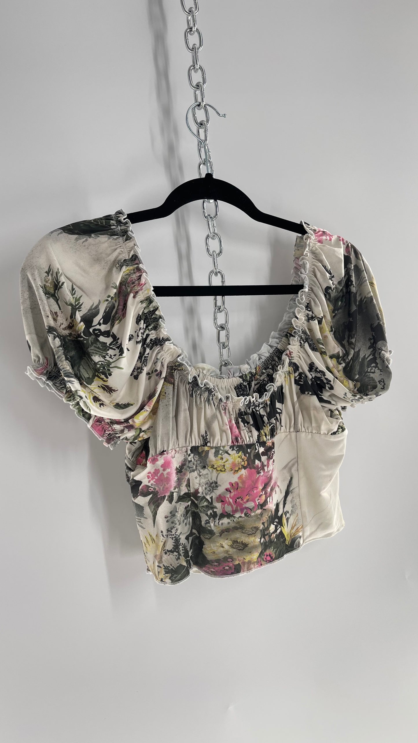 Urban Outfitters Slinky Vintage Inspired Graphic Florals and Milkmaid Style Top (Large)