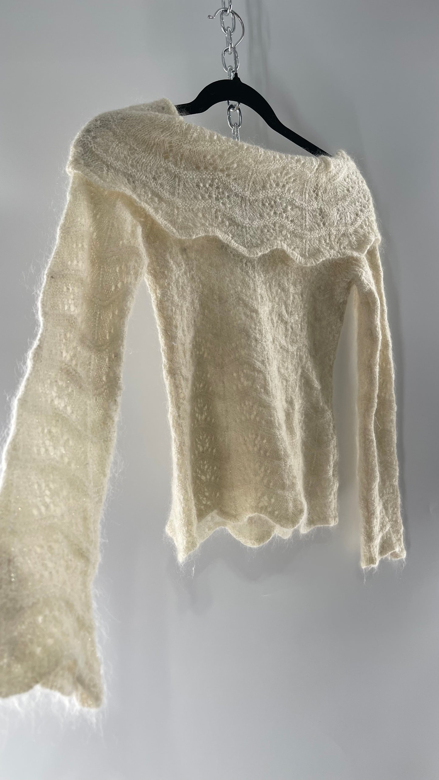 Vintage Ivory Off White Lace Knit Off the Shoulder Sweater Top (Medium)