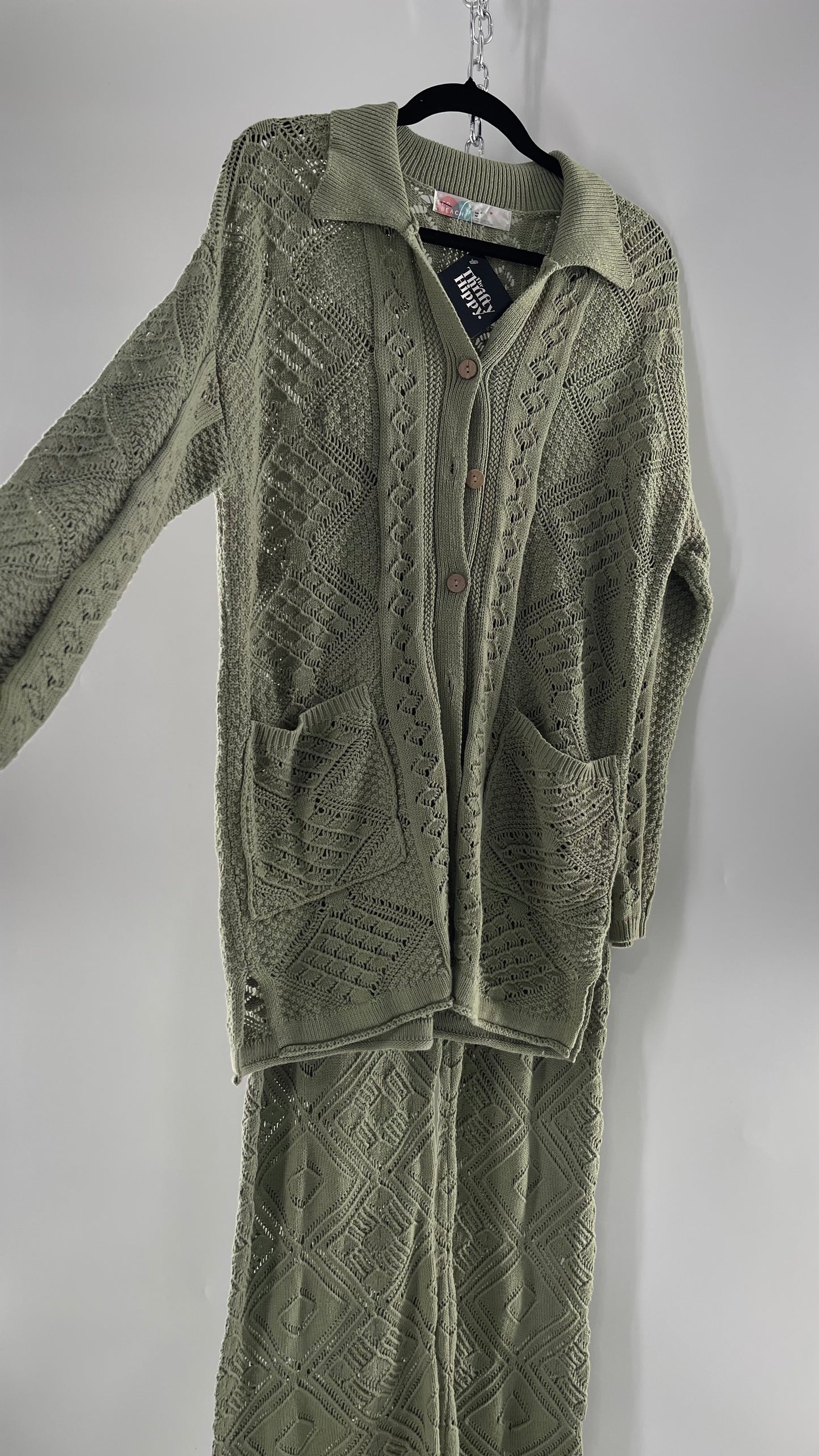 Free People Beach Sage Green Crochet Wooden Button Front Cardigan and Wide Leg Set (Medium)
