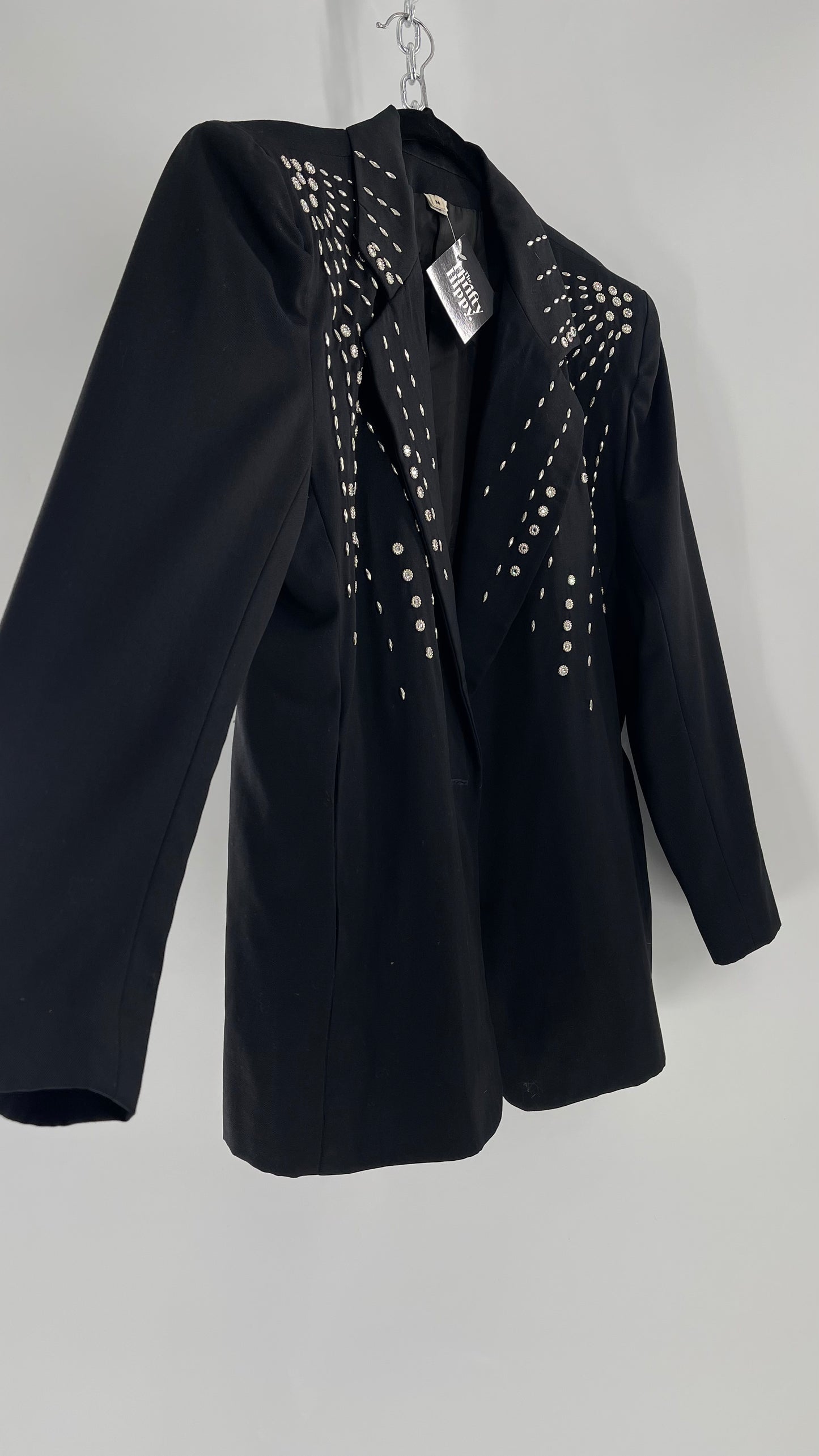 Vintage Black Blazer with Silver Metal Studs and Rhinestone Embellishments (C)(Medium)