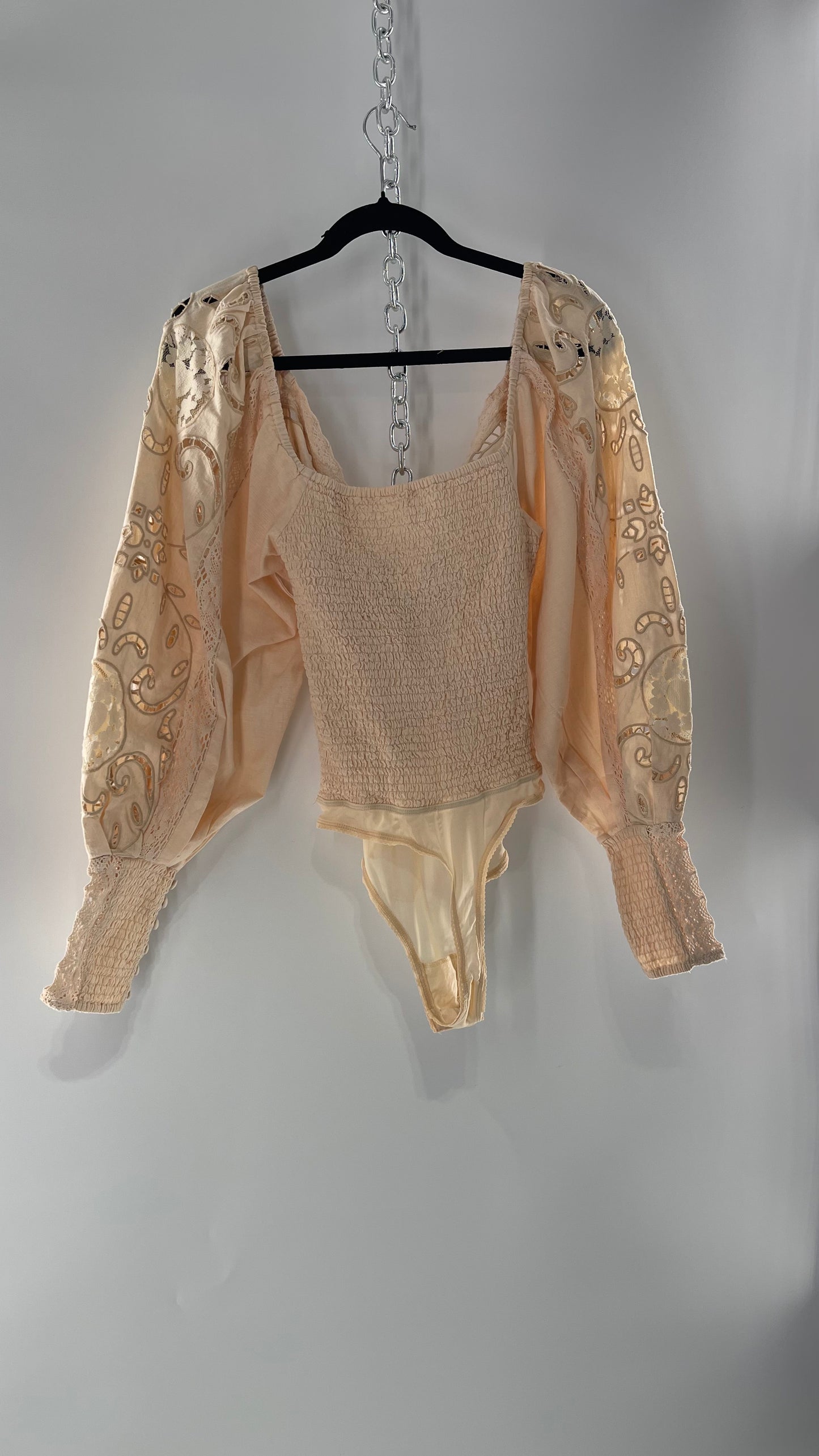 Free People Off White Cotton Bodysuit with Embroidered Lace Balloon Bishop Sleeve and Smocked, Buttoned Cuffs (Large)