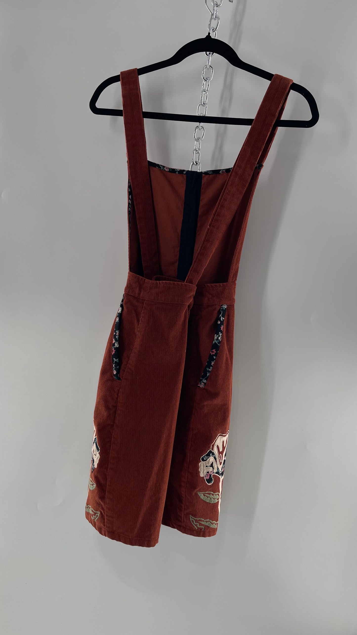 Seen. Worn. Kept. Anthropologie Terracotta Burnt Orange Corduroy Overall Dress with Embroidered Flower Details (S)