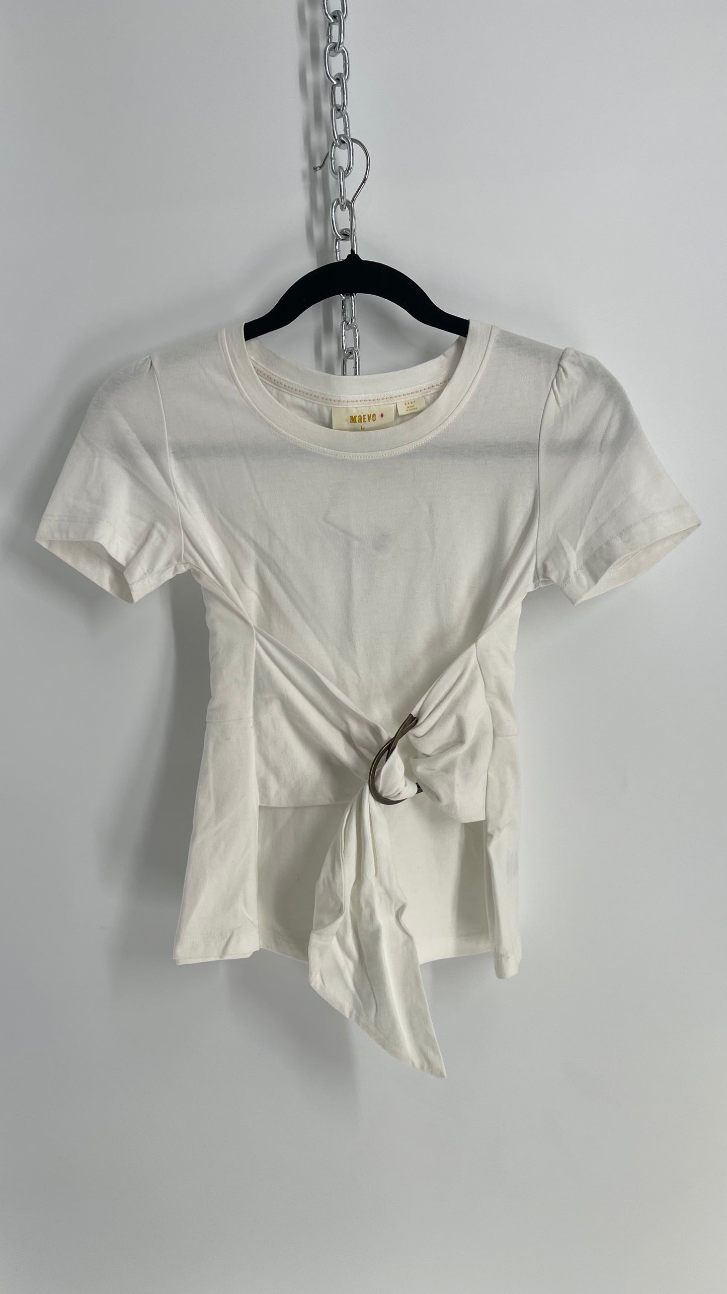 Maeve By Anthropologie Short Sleeve T Shirt, 100% Cotton with Metal Buckle and Fabric Sash Across Waist Size (XXS)