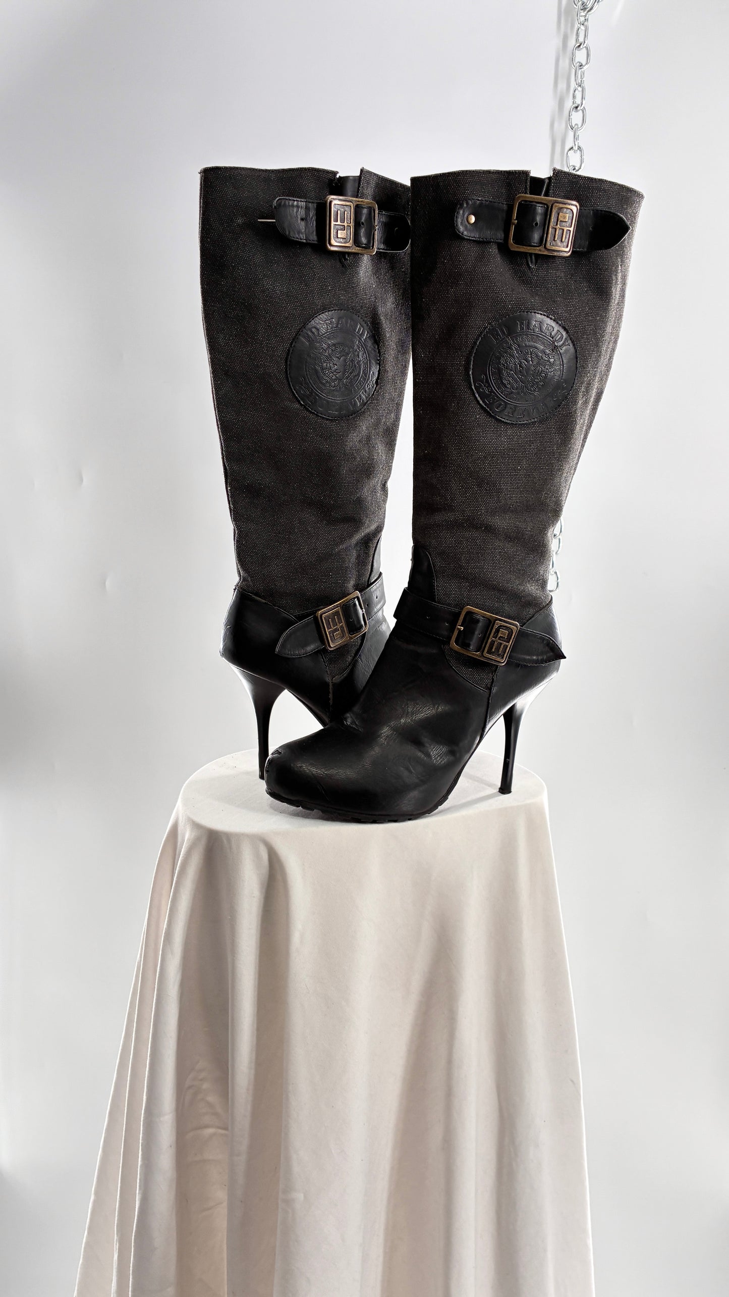 Vintage ED HARDY Stiletto Boots with Embossed Buckles and Badges (9)